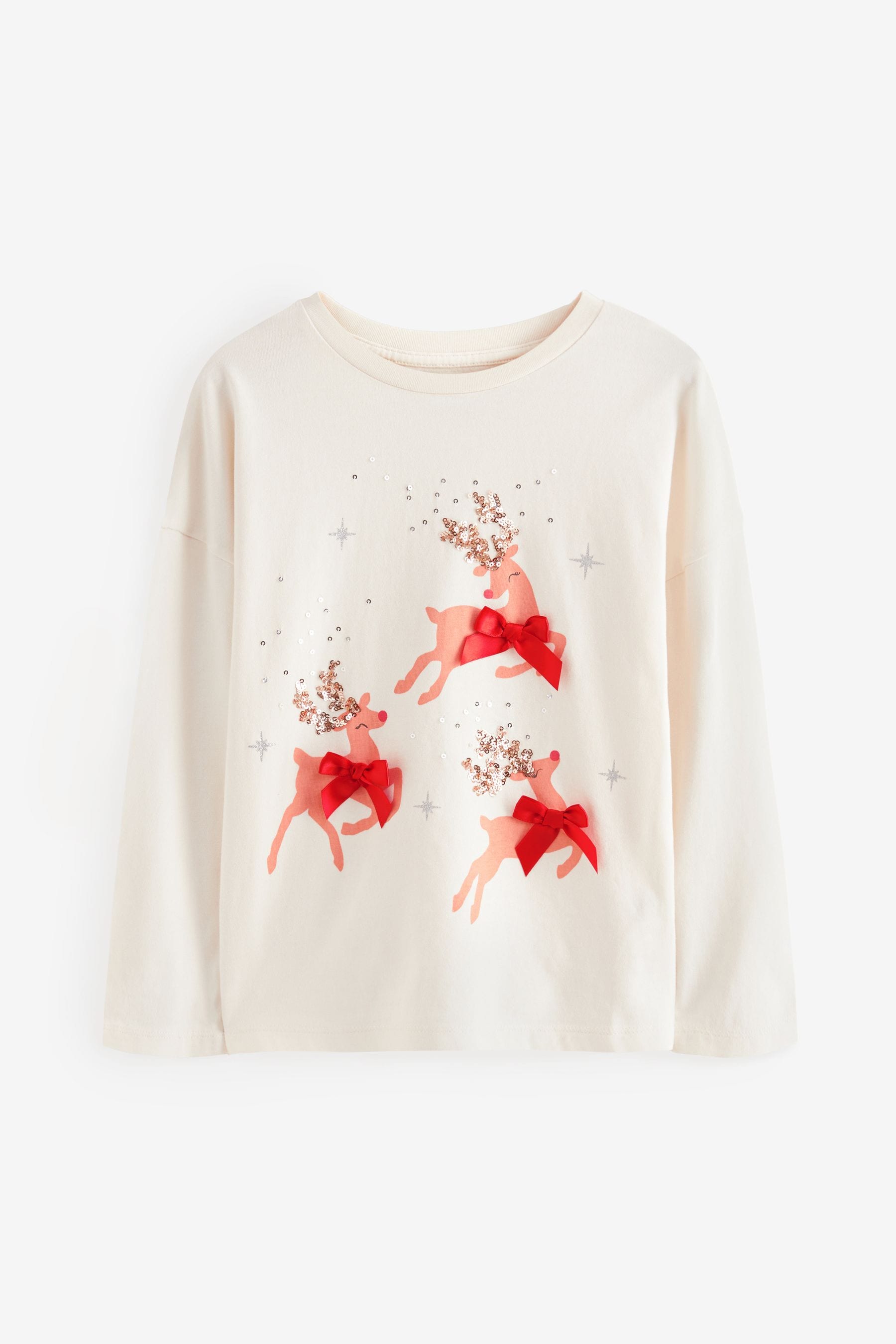 Ecru Sequin Christmas Long Sleeve 100% Cotton T-Shirt (3-16yrs)