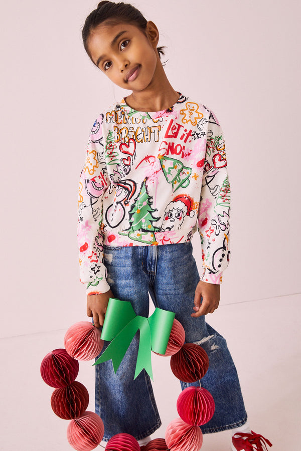 Multi Christmas Graffiti Print Long Sleeve 100% Cotton Sweatshirt (3-16yrs)