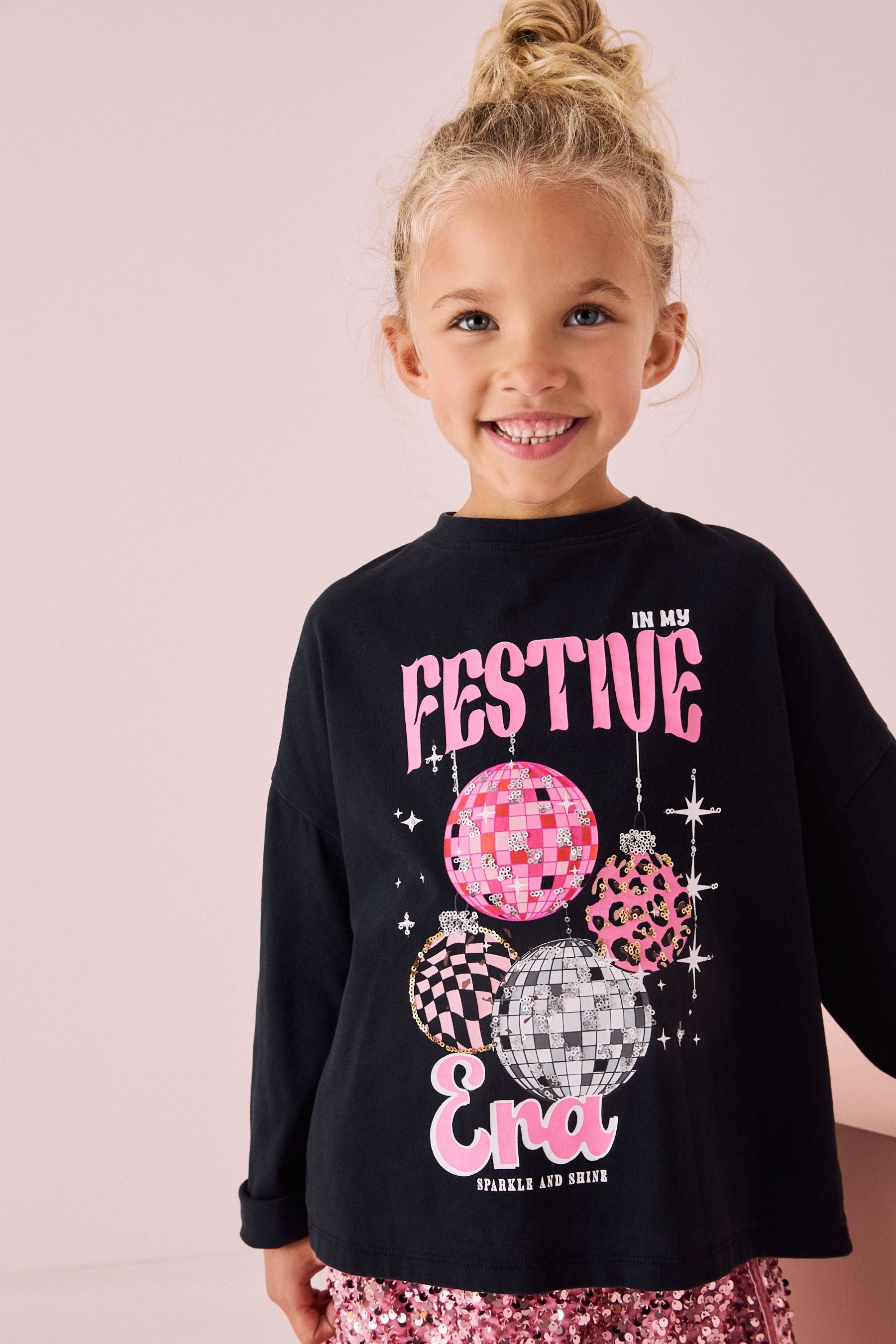 Black Sequin Festive Era Christmas Long Sleeve 100% Cotton T-Shirt (3-16yrs)