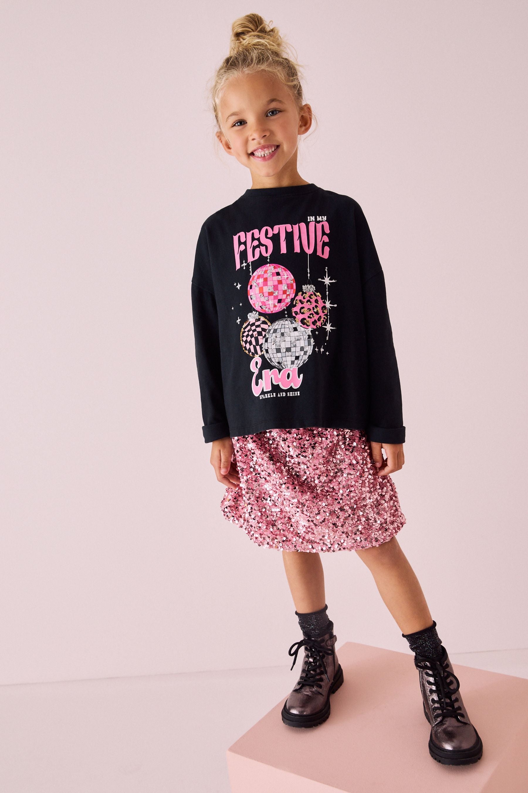 Black Sequin Festive Era Christmas Long Sleeve 100% Cotton T-Shirt (3-16yrs)