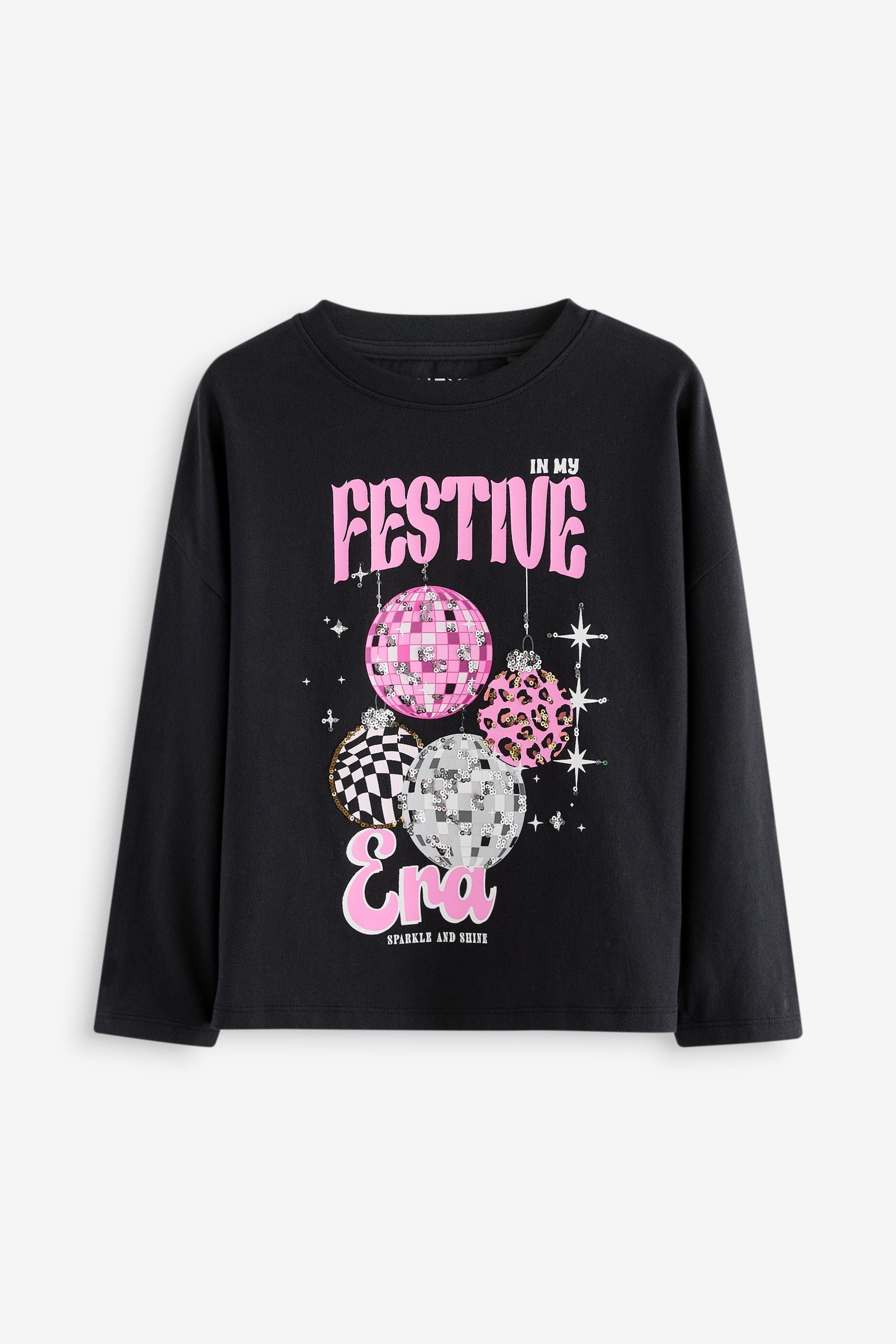 Black Sequin Festive Era Christmas Long Sleeve 100% Cotton T-Shirt (3-16yrs)