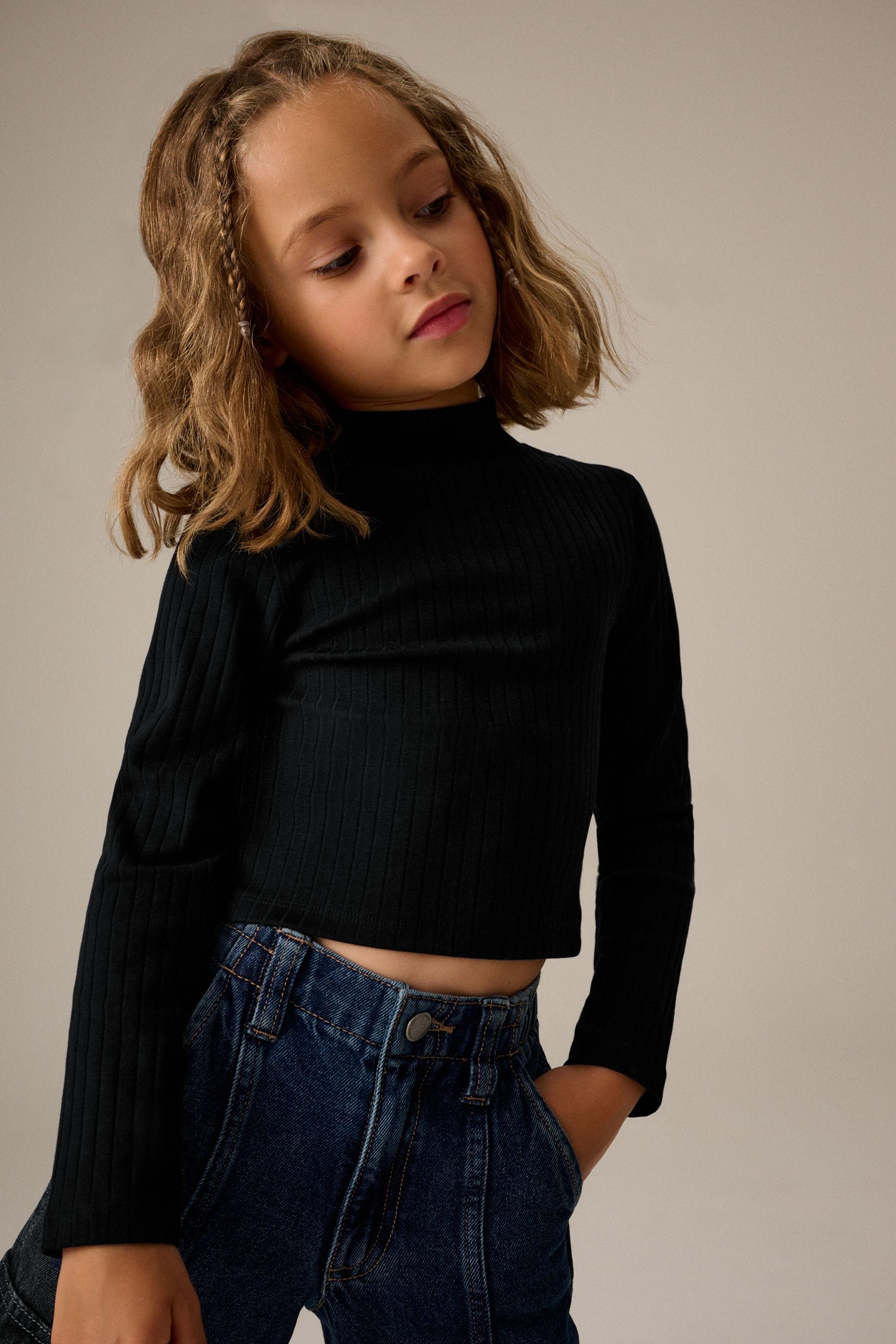 Black High Neck Rib Top (3-16yrs)