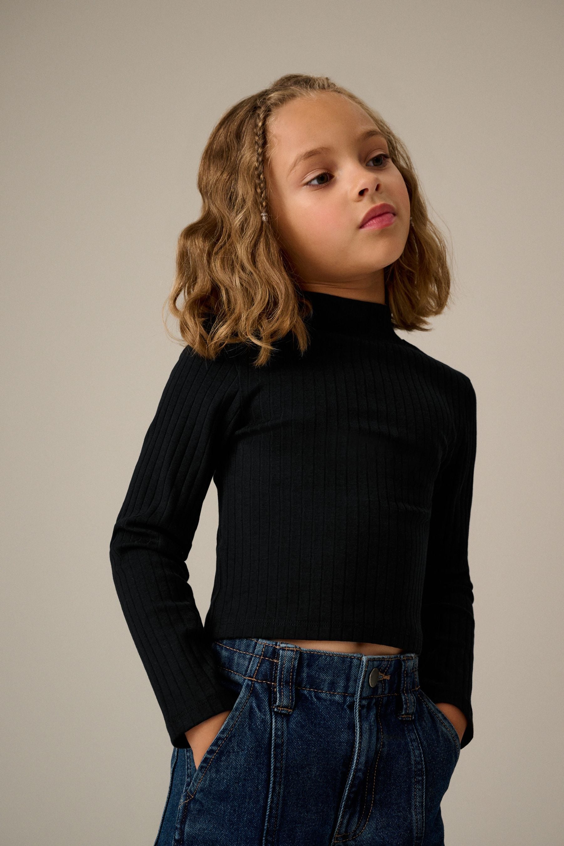 Black High Neck Rib Top (3-16yrs)