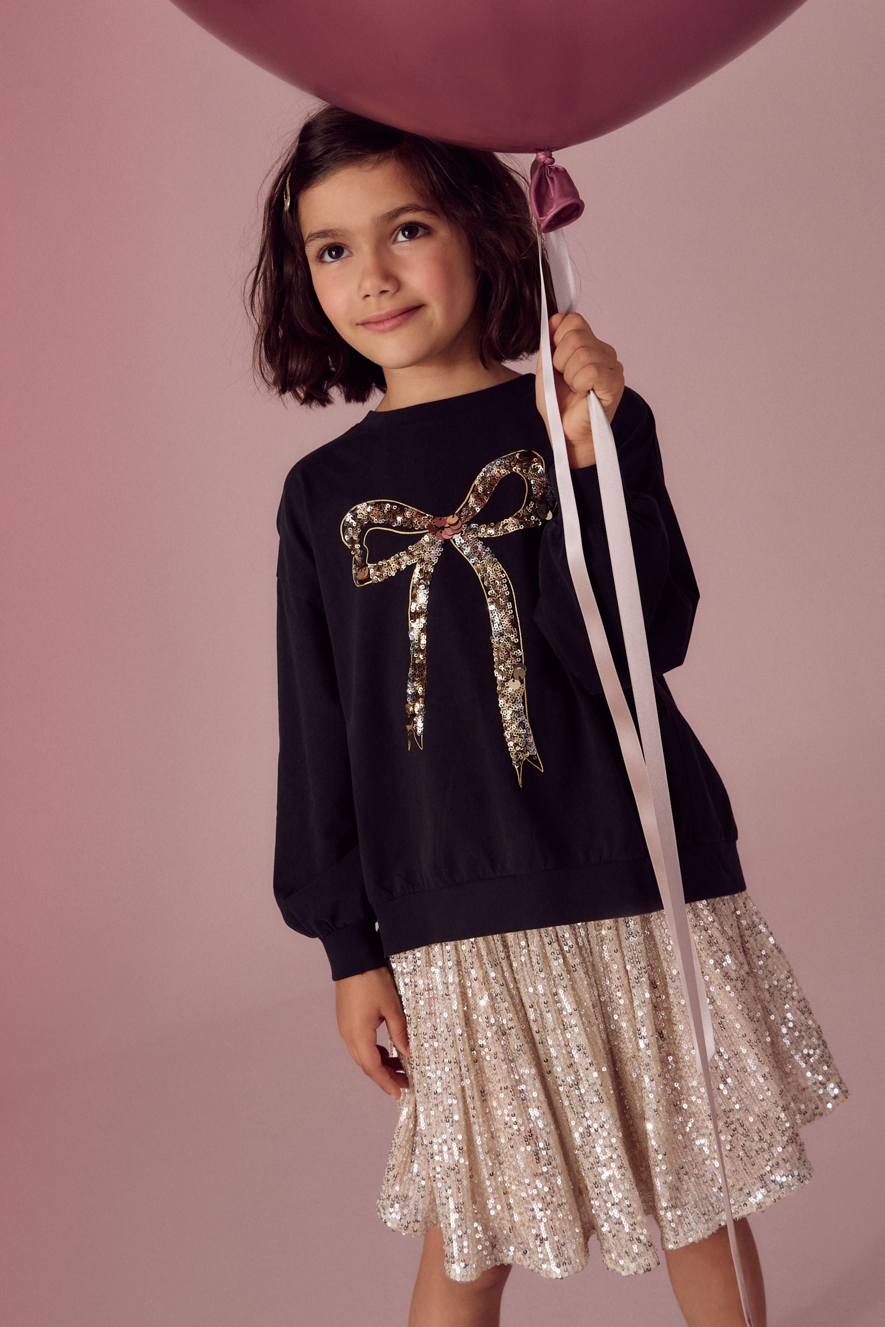 Black/Gold Sequin Bow Long Sleeve Wrap Back 100% Cotton Top (3-16yrs)