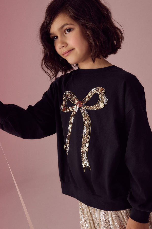 Black/Gold Sequin Bow Long Sleeve Wrap Back 100% Cotton Top (3-16yrs)