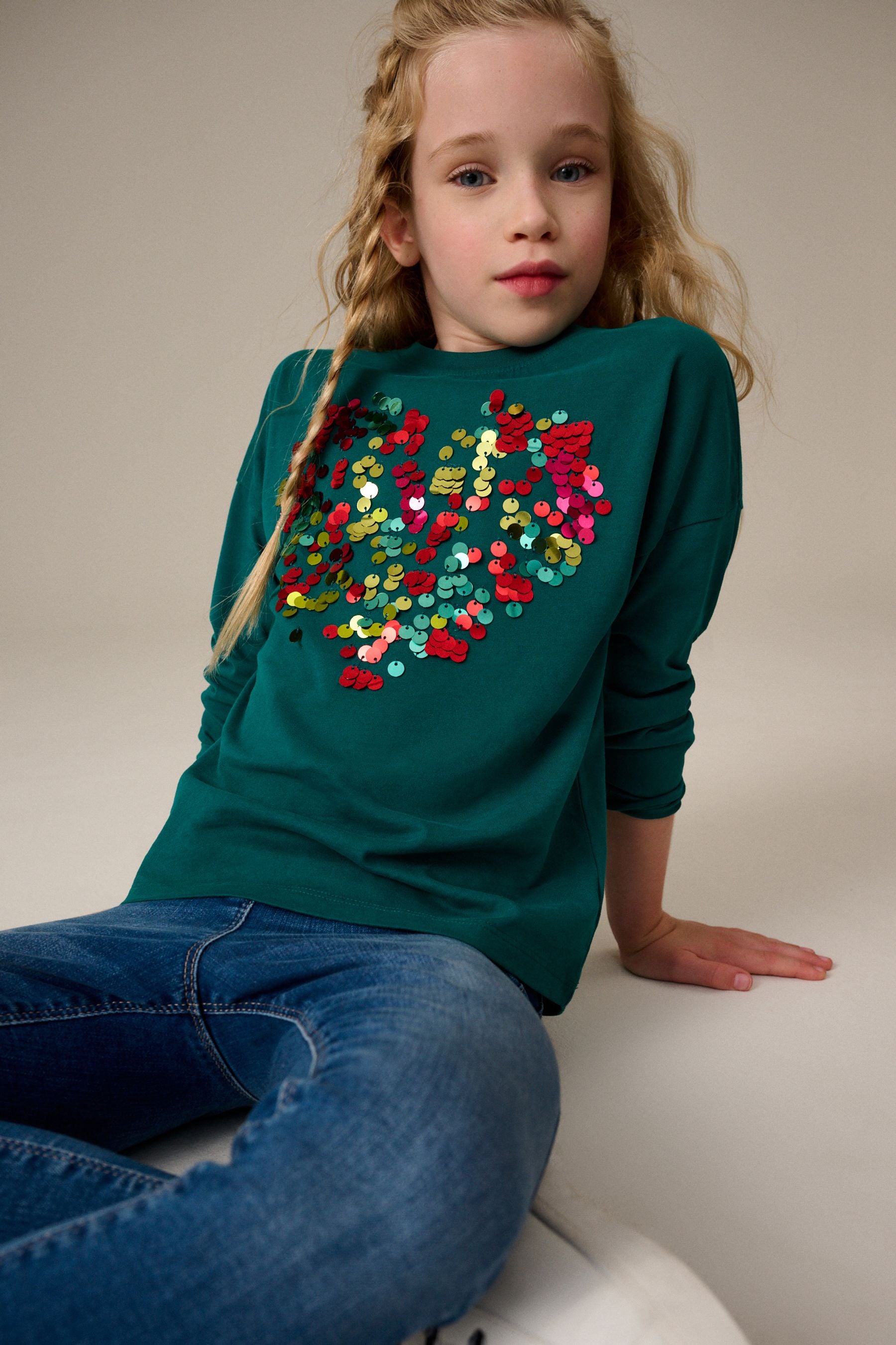 Green 100% Cotton Sequin Heart Long Sleeve T-Shirt (3-16yrs)