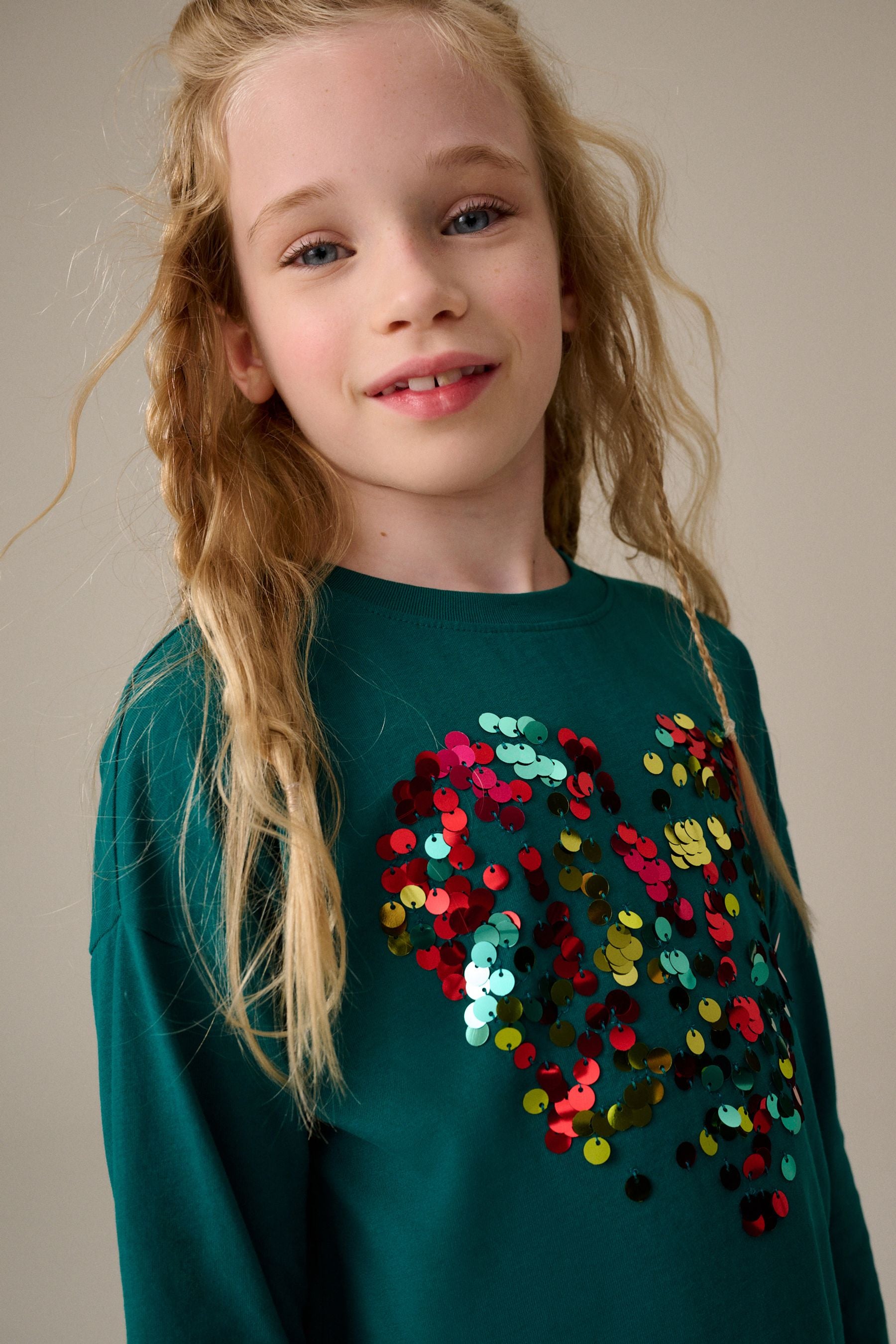 Green 100% Cotton Sequin Heart Long Sleeve T-Shirt (3-16yrs)