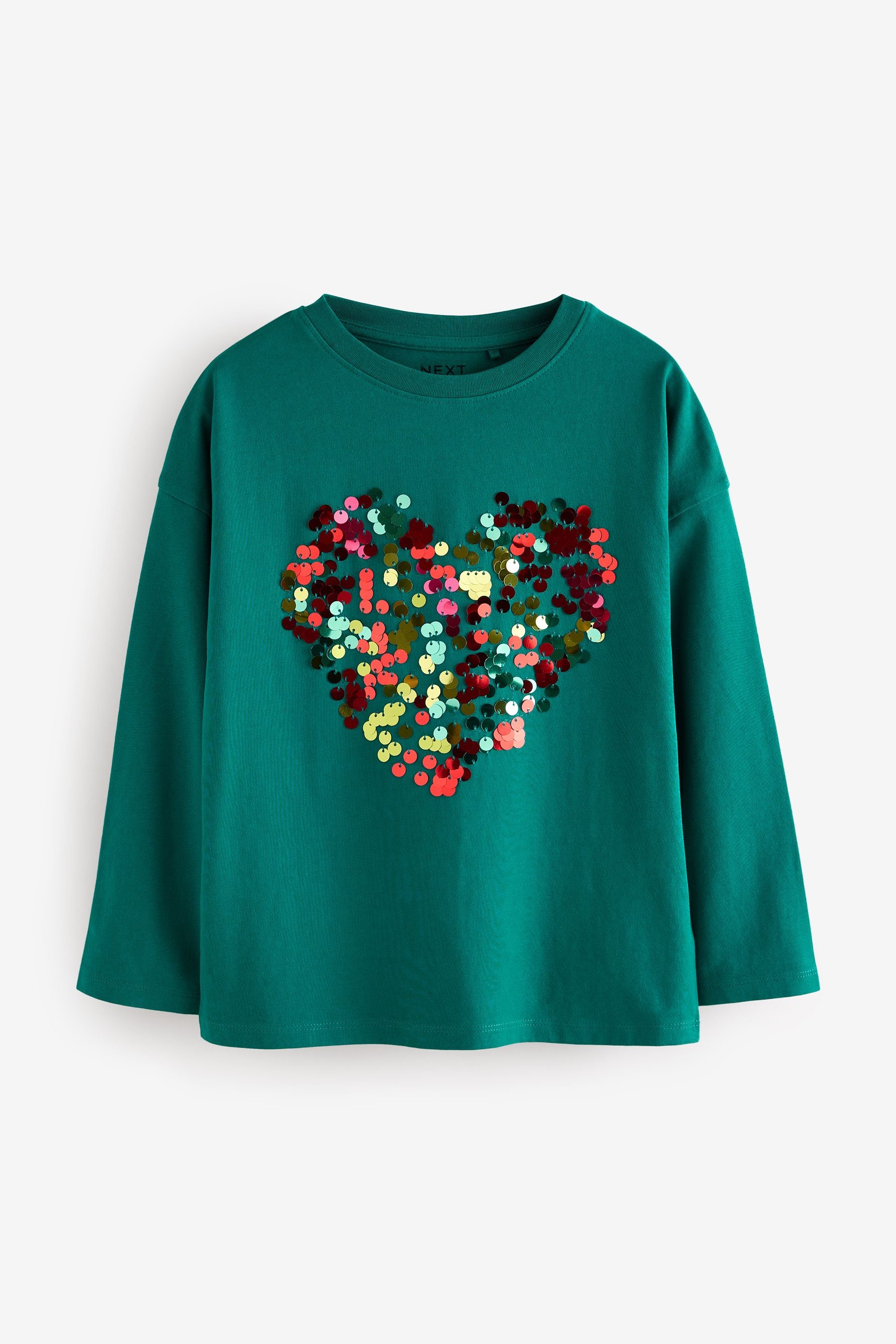 Green 100% Cotton Sequin Heart Long Sleeve T-Shirt (3-16yrs)