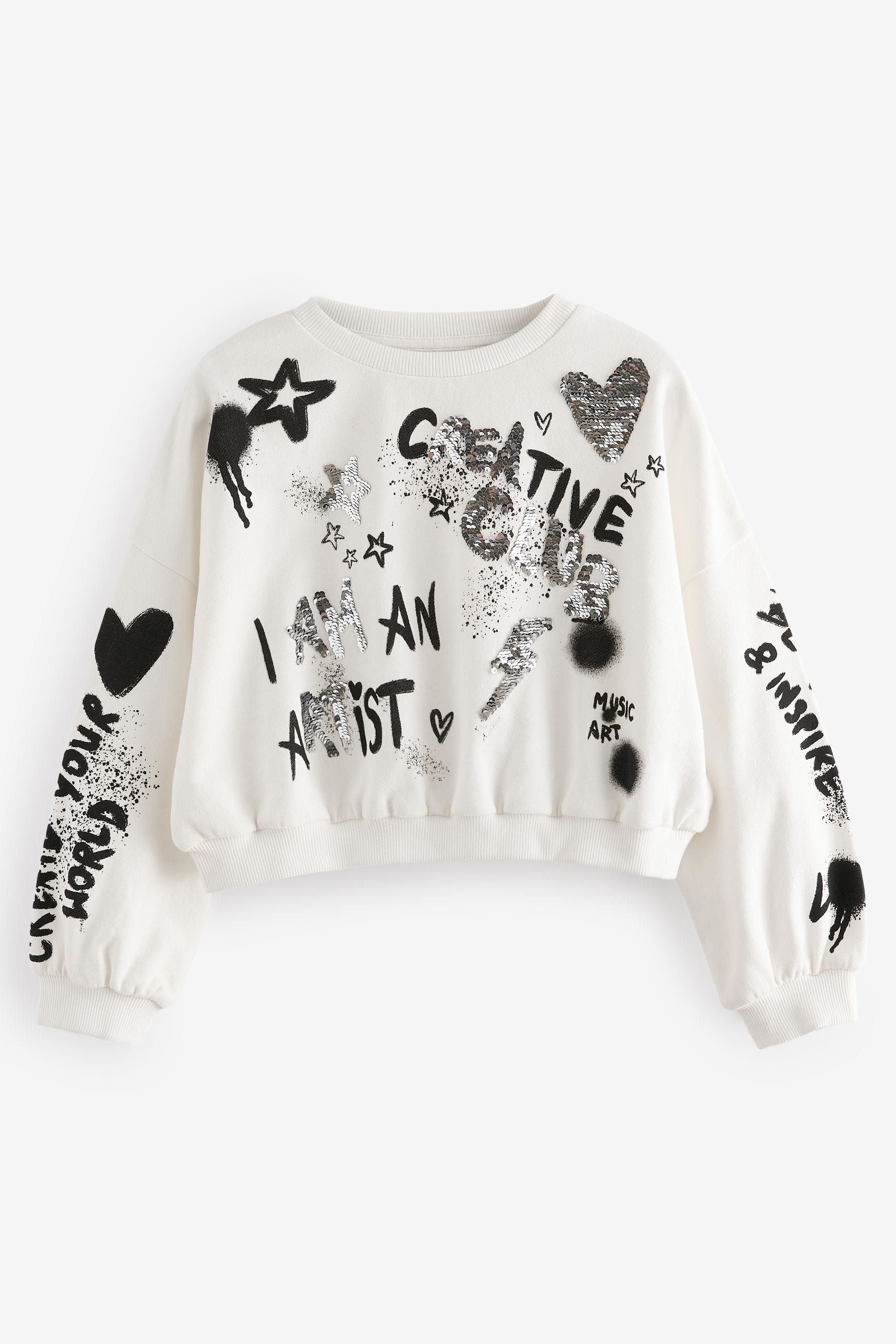 Ecru Sequin Graffiti 100% Cotton Sweatshirt (3-16yrs)