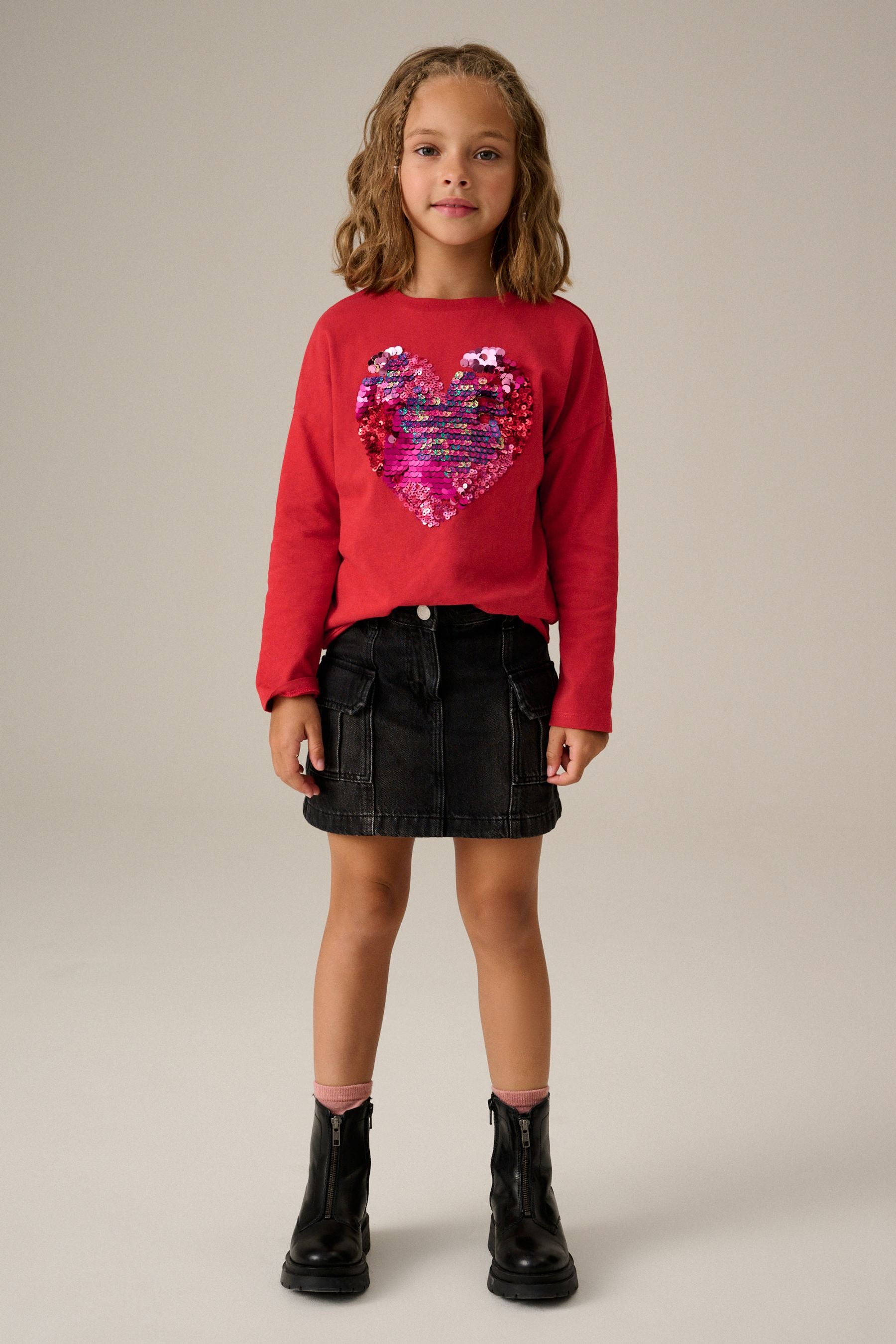 Red 100% Cotton Sequin Heart Long Sleeve T-Shirt (3-16yrs)