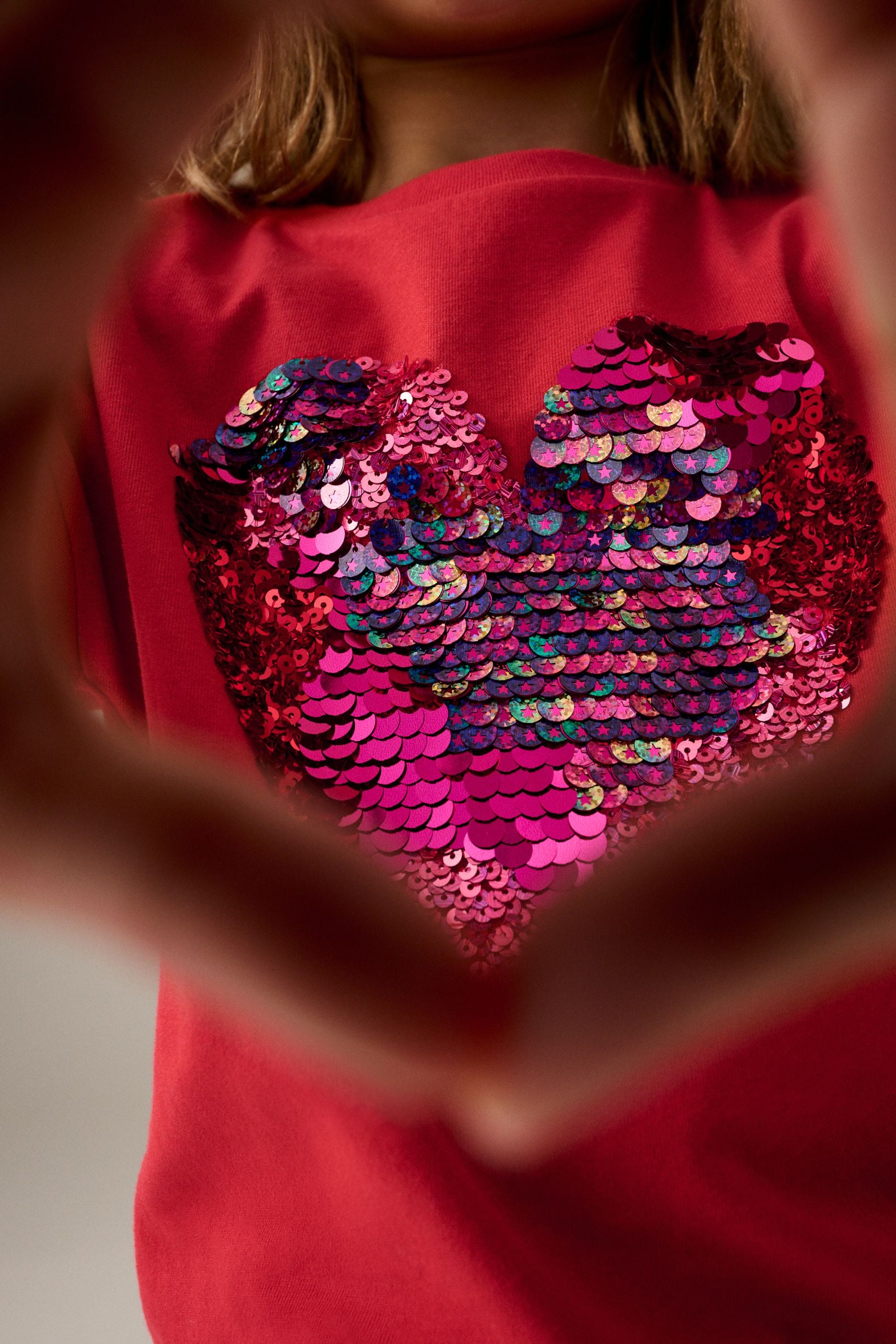 Red 100% Cotton Sequin Heart Long Sleeve T-Shirt (3-16yrs)