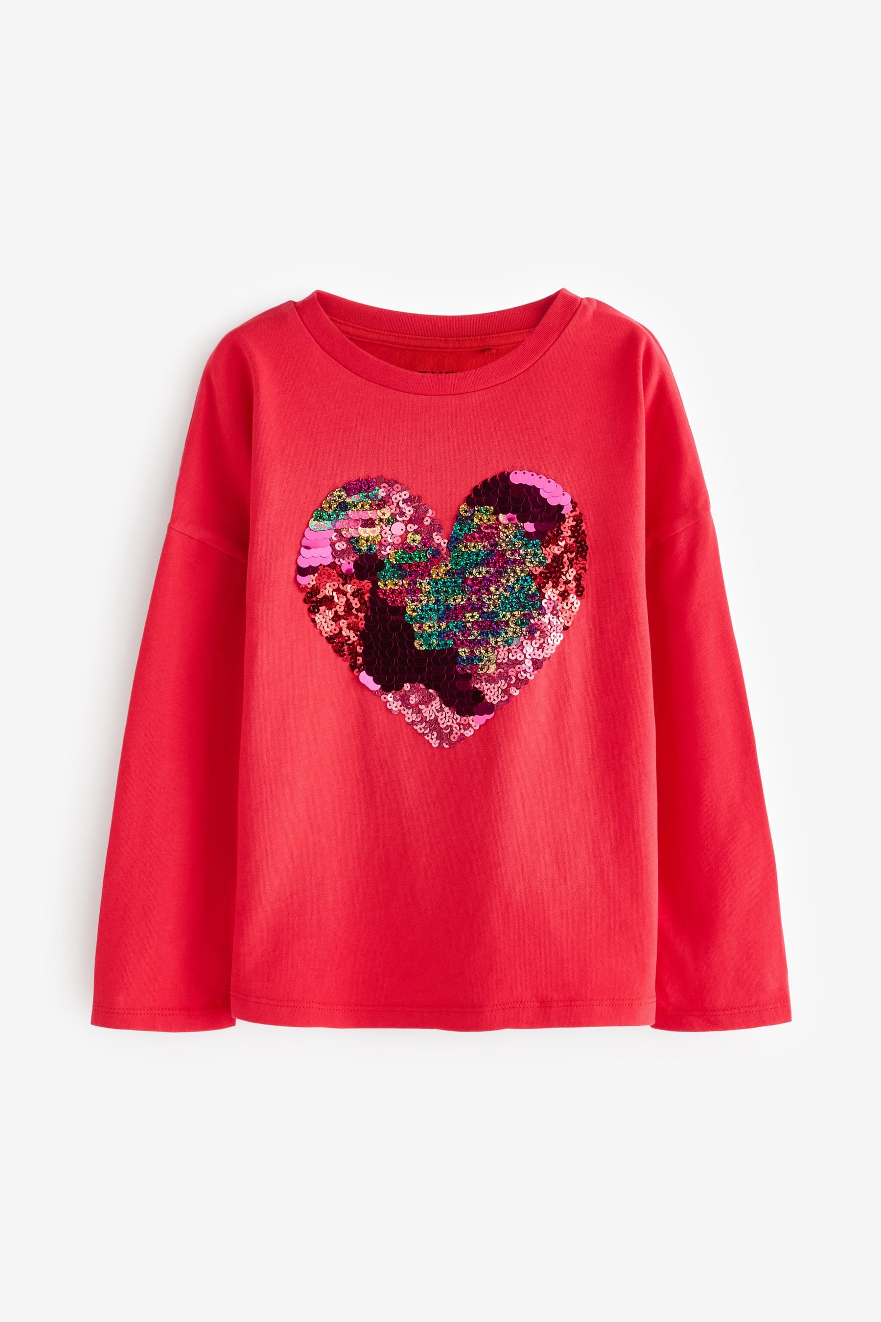 Red 100% Cotton Sequin Heart Long Sleeve T-Shirt (3-16yrs)