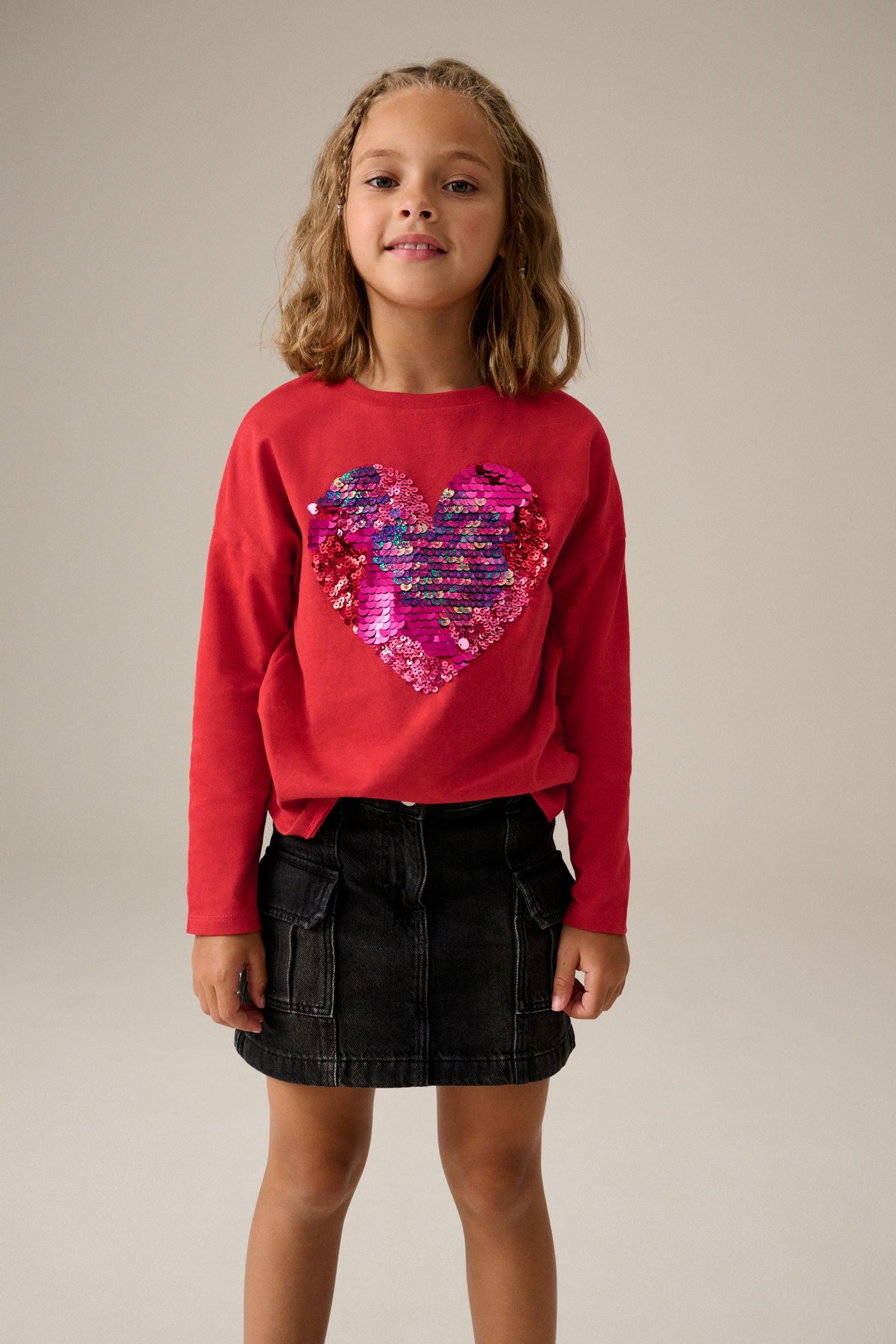 Red 100% Cotton Sequin Heart Long Sleeve T-Shirt (3-16yrs)