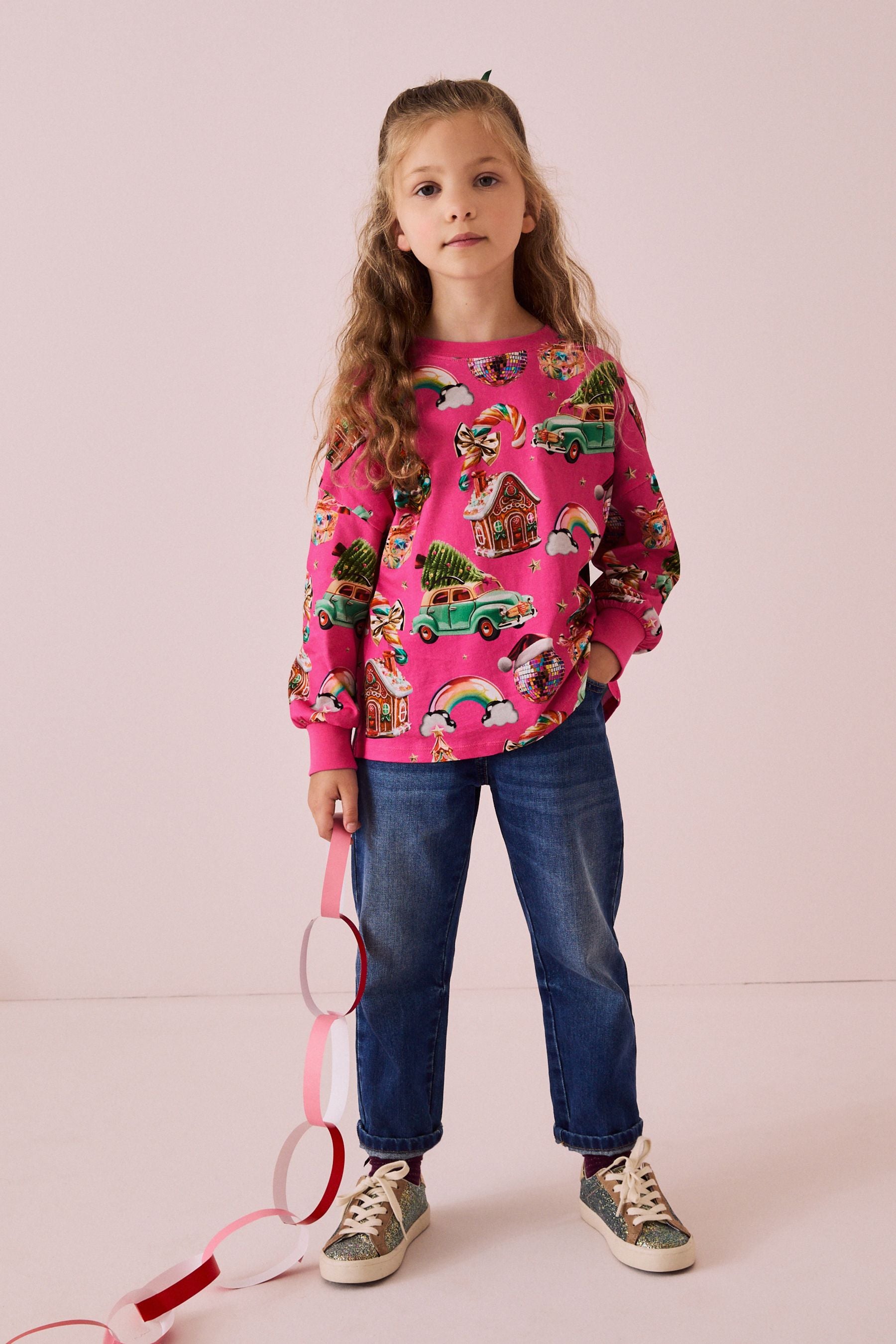 Pink Christmas Long Sleeve 100% Cotton Top (3-16yrs)