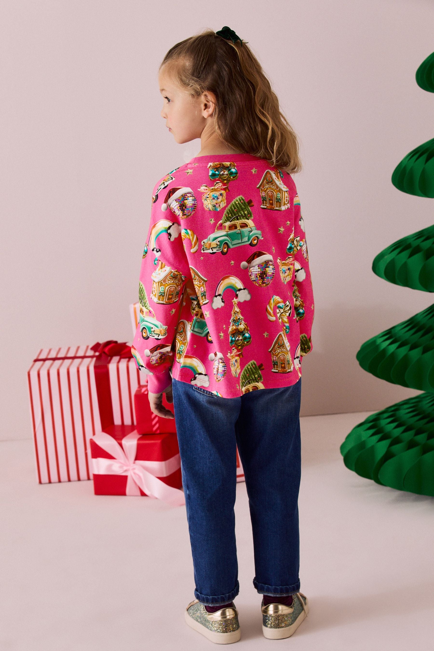 Pink Christmas Long Sleeve 100% Cotton Top (3-16yrs)