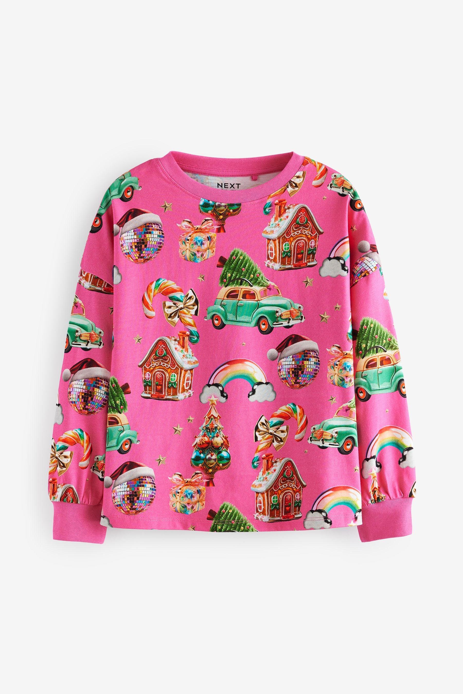 Pink Christmas Long Sleeve 100% Cotton Top (3-16yrs)