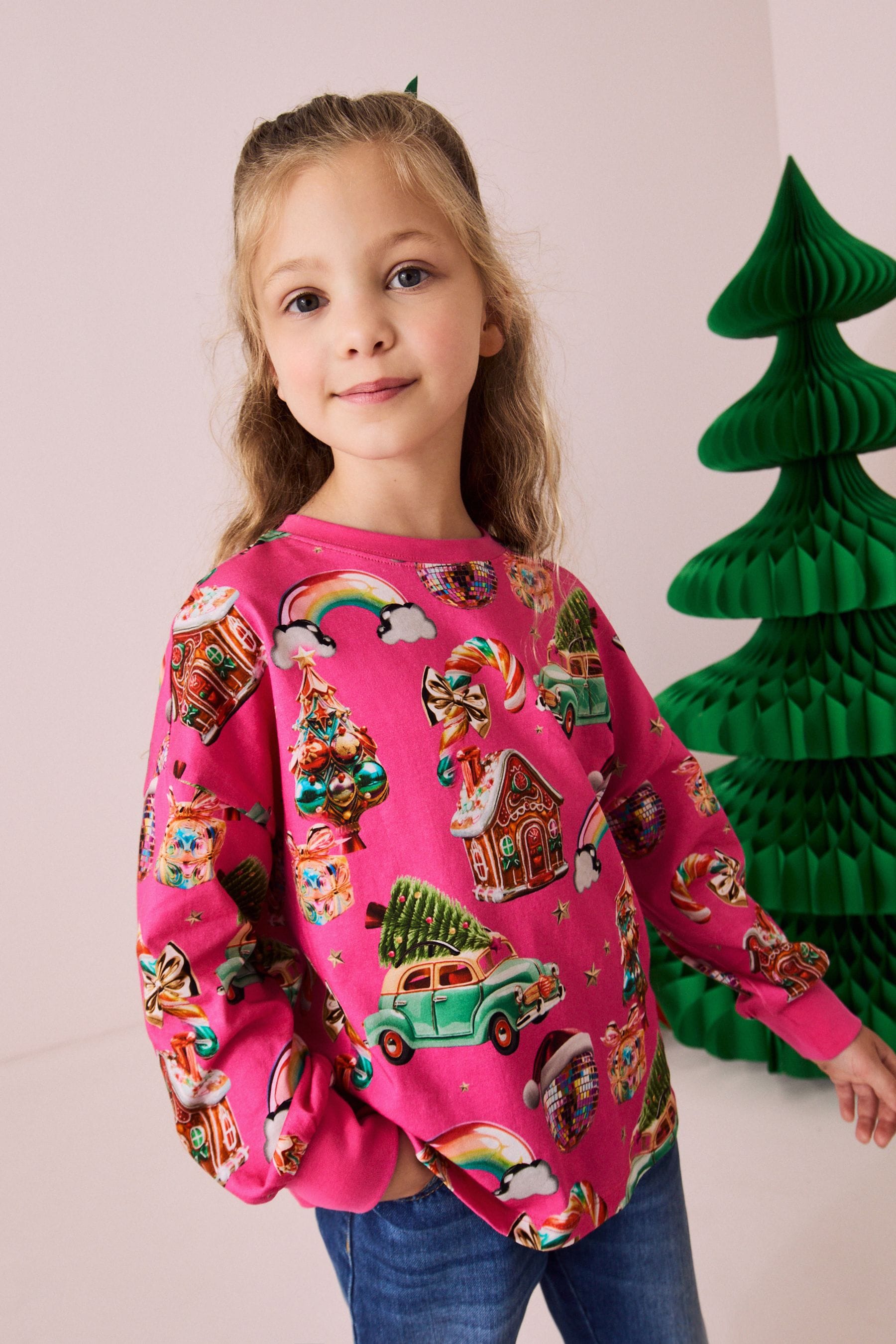 Pink Christmas Long Sleeve 100% Cotton Top (3-16yrs)