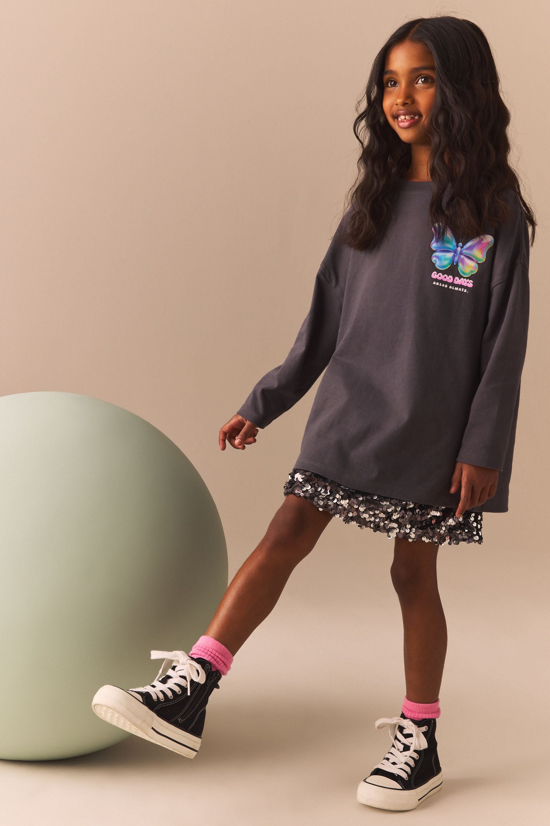 Charcoal Grey Oversized Long Sleeve Butterfly Graphic 100% Cotton T-Shirt (3-16yrs)