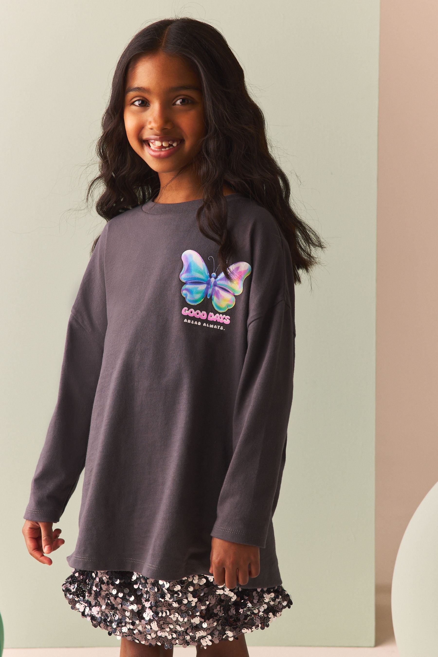 Charcoal Grey Oversized Long Sleeve Butterfly Graphic 100% Cotton T-Shirt (3-16yrs)