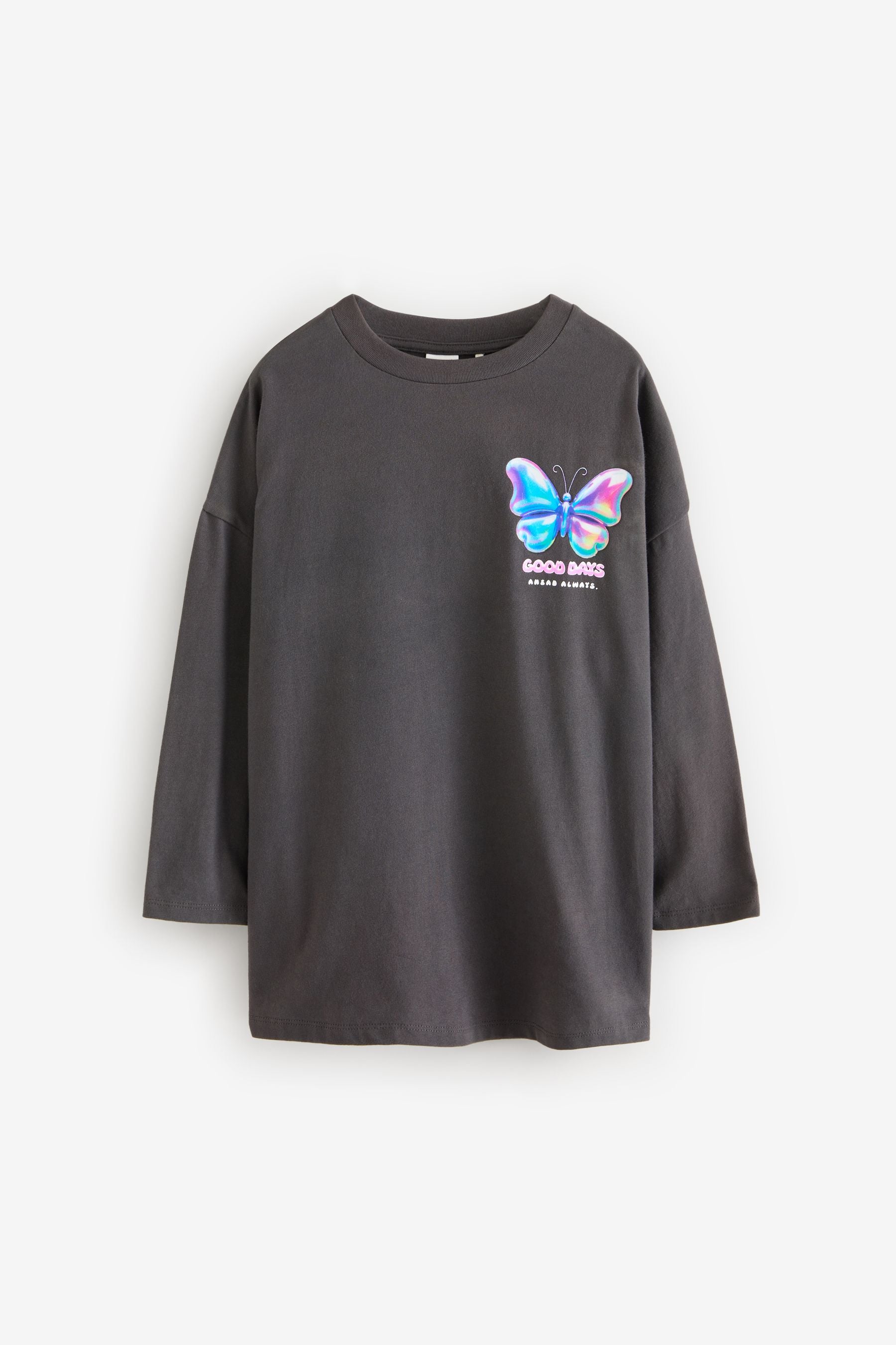 Charcoal Grey Oversized Long Sleeve Butterfly Graphic 100% Cotton T-Shirt (3-16yrs)