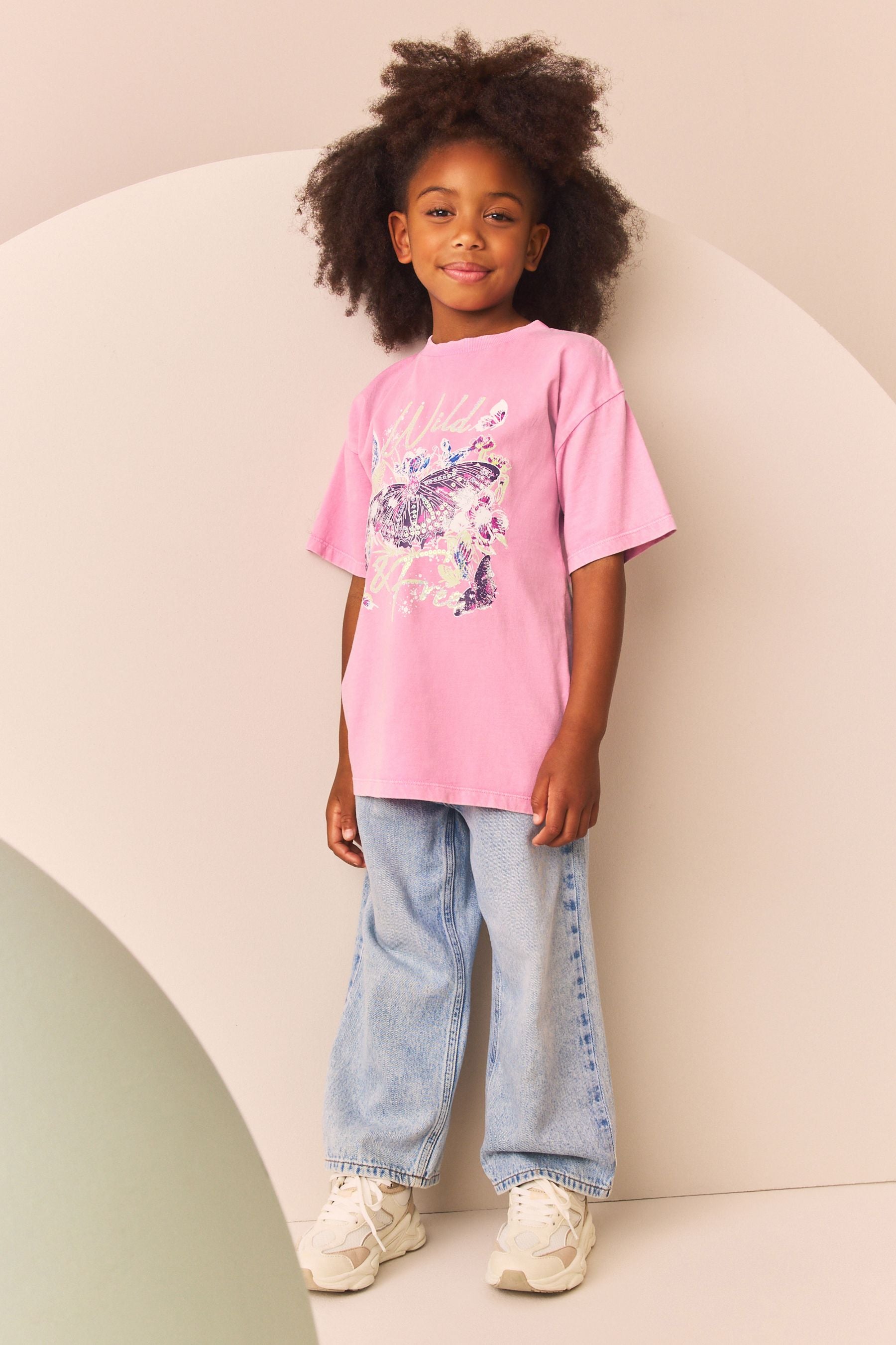 Pink/Green Oversized Embellished 100% Cotton Graphic T-Shirt (3-16yrs)