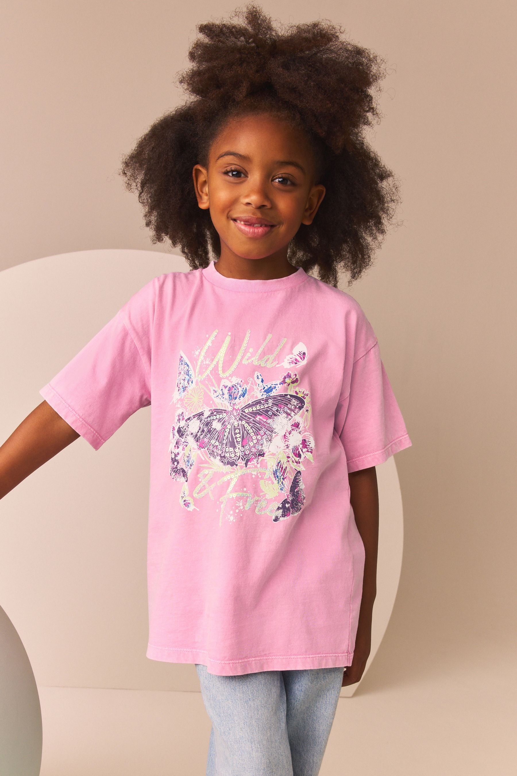 Pink/Green Oversized Embellished 100% Cotton Graphic T-Shirt (3-16yrs)