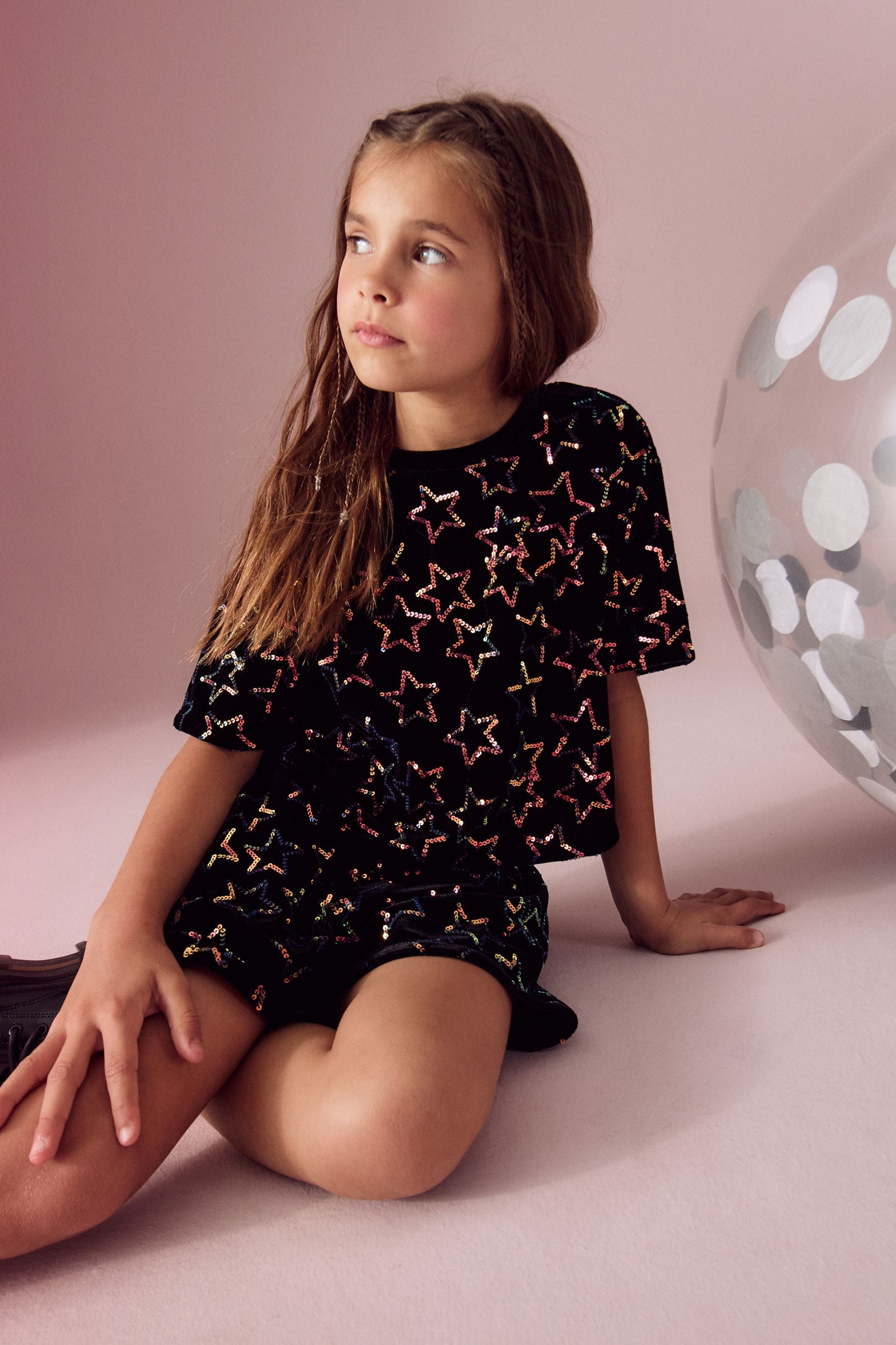 Black Velour Sequin Star Top and Shorts Set (3-16yrs)