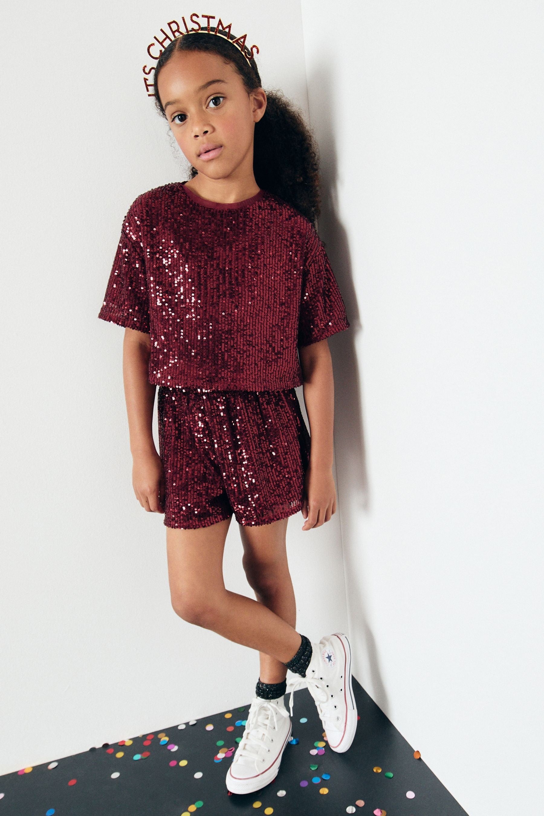 Red Print Sequin Top and Shorts Set (3-16yrs)