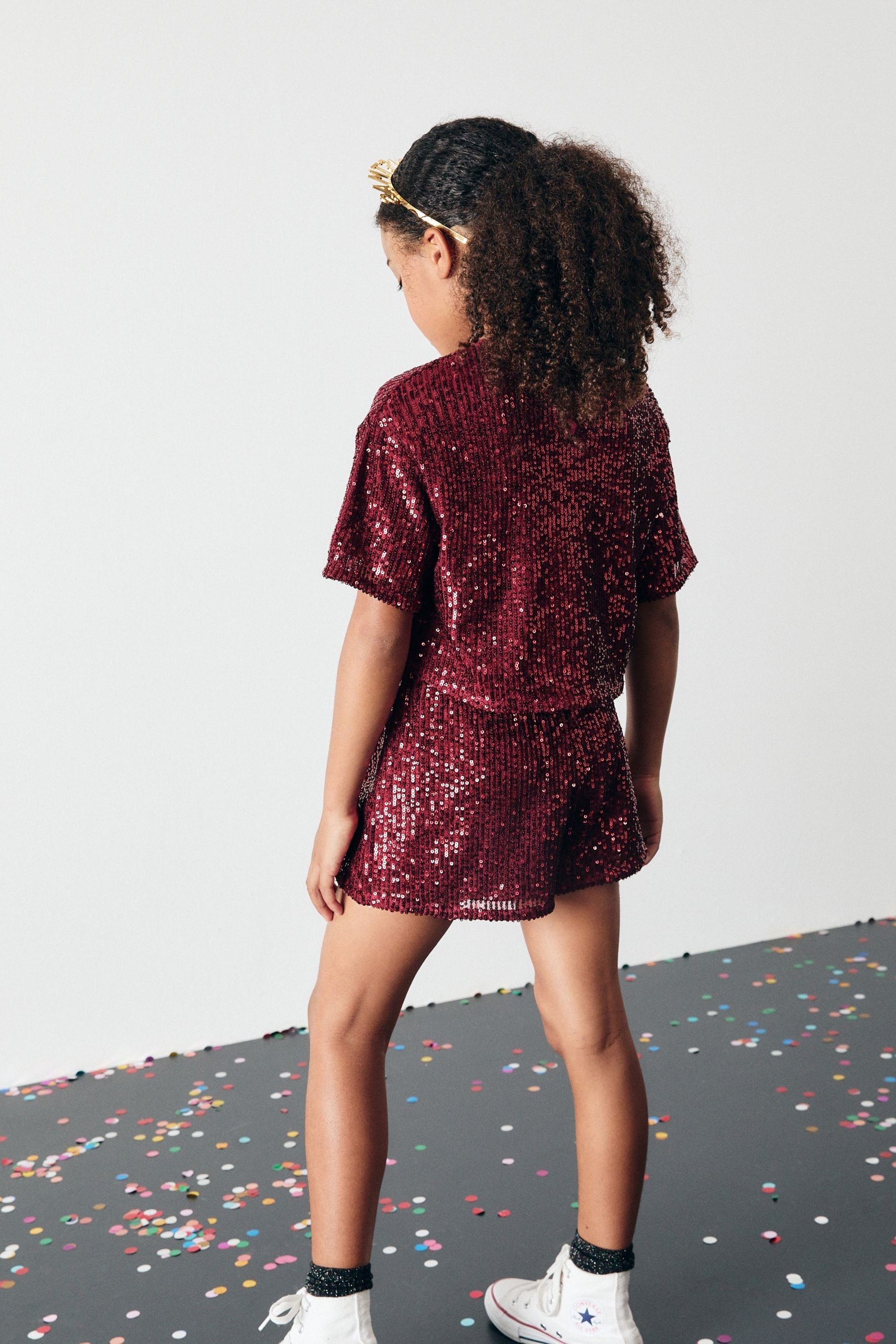 Red Print Sequin Top and Shorts Set (3-16yrs)