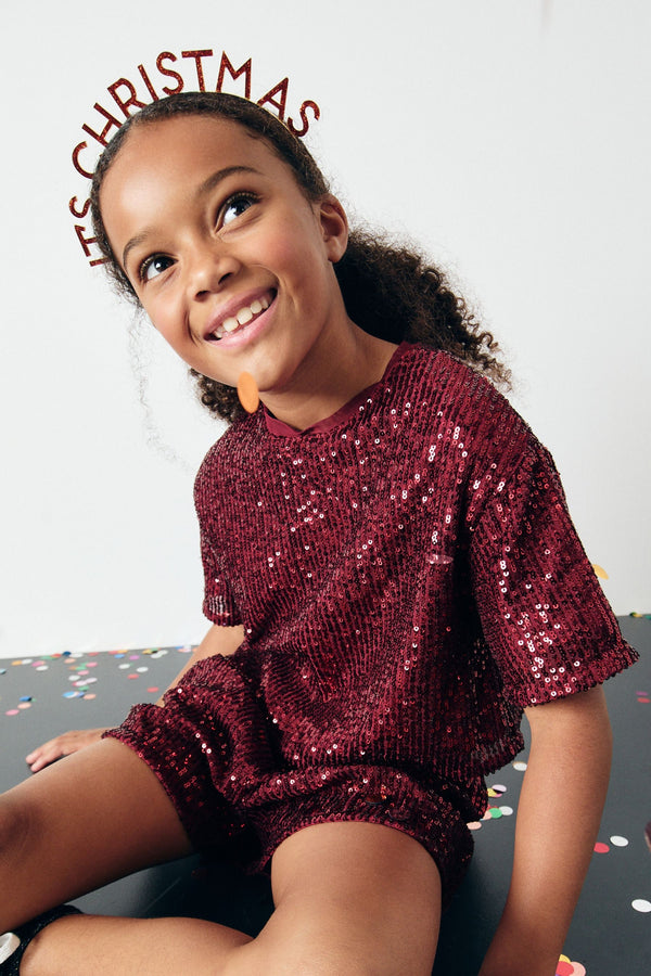 Red Print Sequin Top and Shorts Set (3-16yrs)