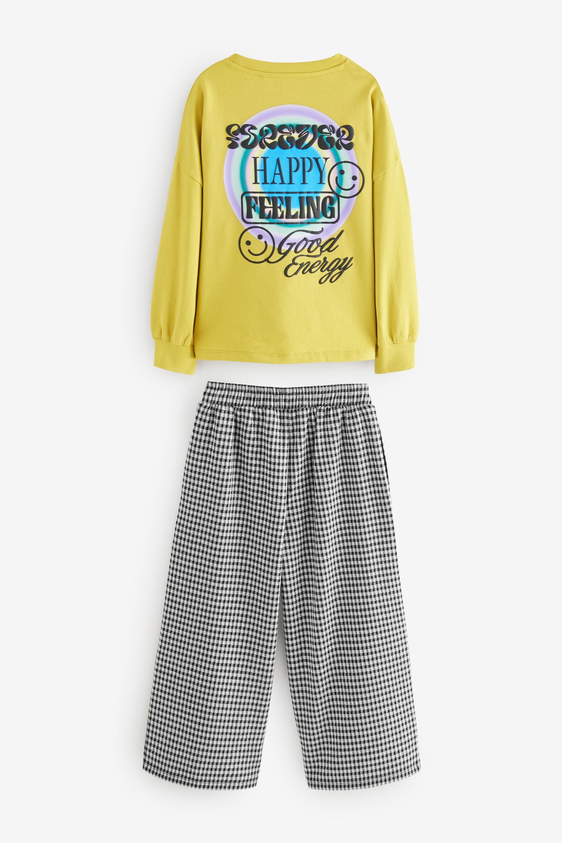 Ochre Yellow Long Sleeve Graphic Top and Check Wide Leg Set (3-16yrs)