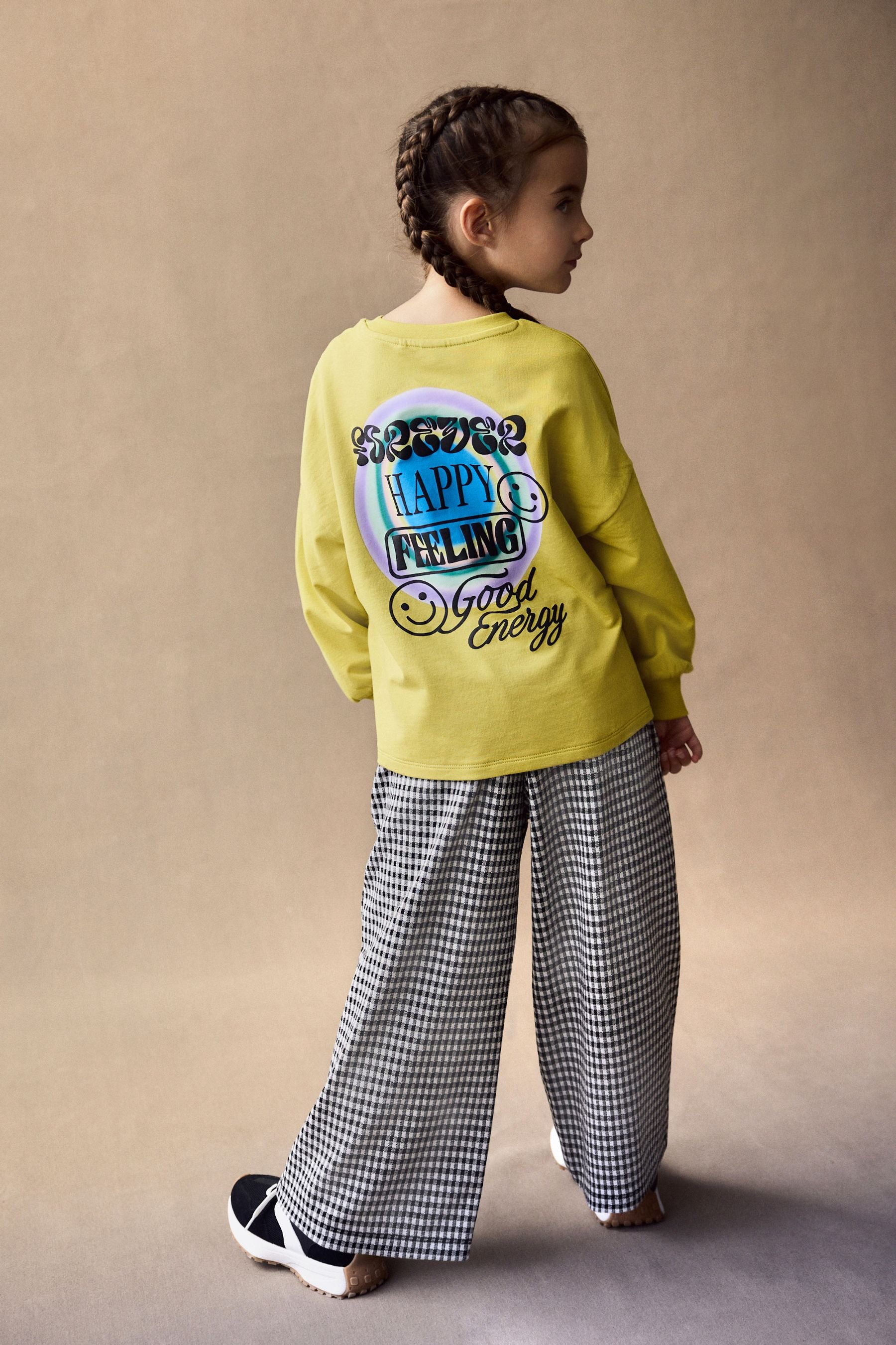 Ochre Yellow Long Sleeve 100% Cotton Graphic Top and Check Wide Leg Set (3-16yrs)