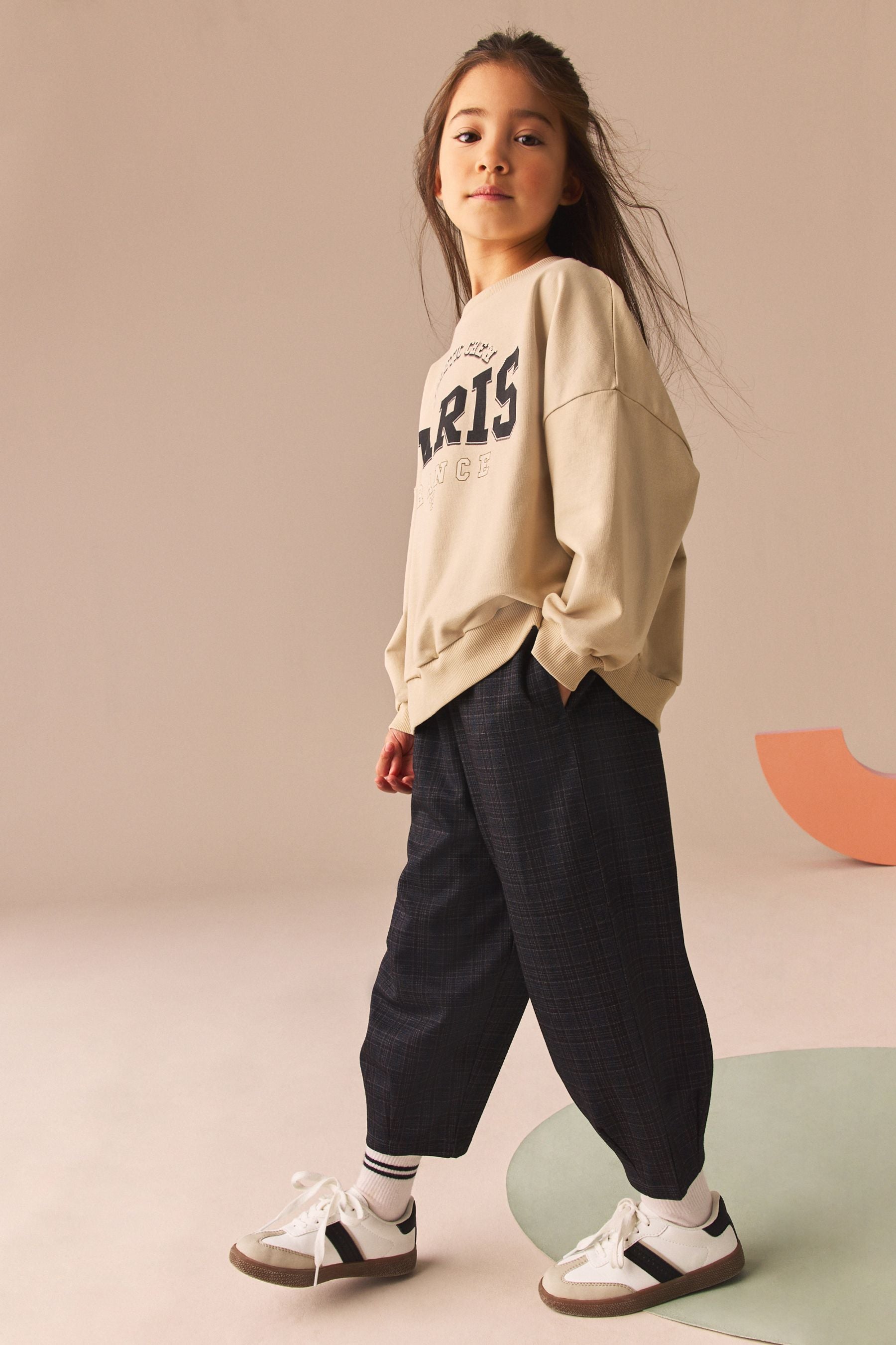 Ecru Oversized 100% Cotton Sweat and Check Barrel Leg Joggers Set (3-16yrs)