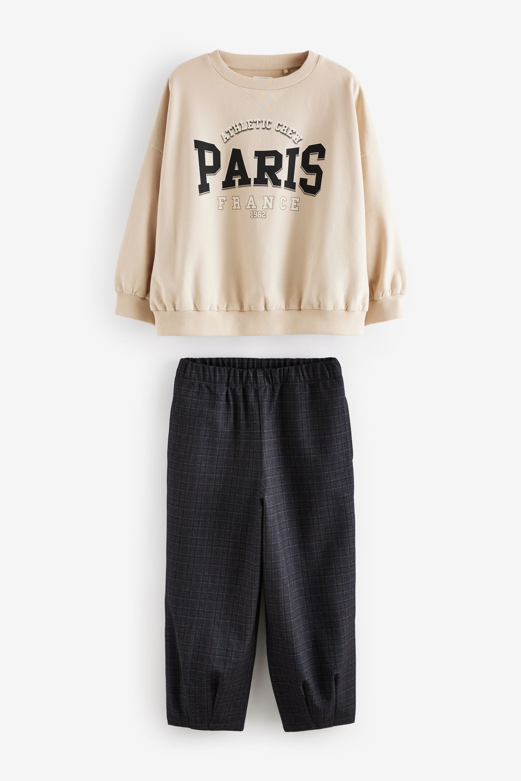 Ecru Oversized 100% Cotton Sweat and Check Barrel Leg Joggers Set (3-16yrs)