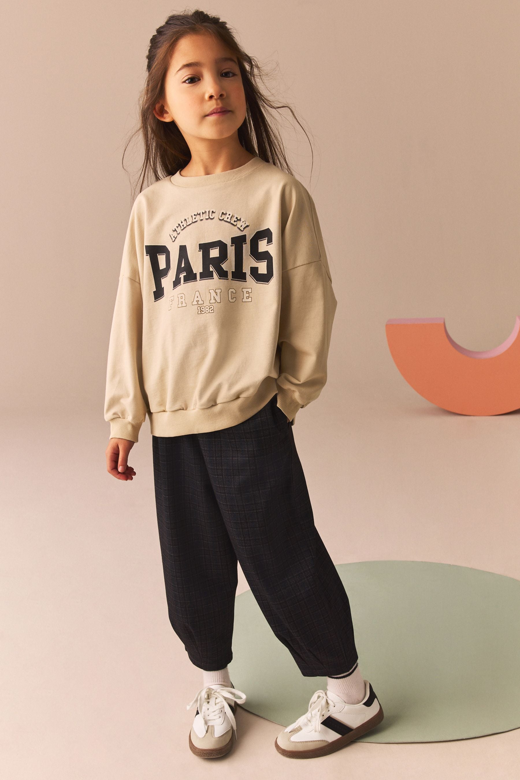 Ecru Oversized 100% Cotton Sweat and Check Barrel Leg Joggers Set (3-16yrs)