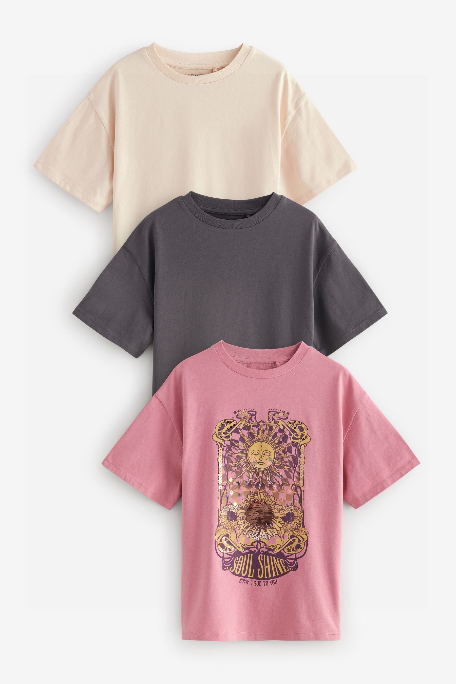 Pink/Cream/Charcoal Oversized Sequin Celestial T-Shirts 3 Pack (3-16yrs)