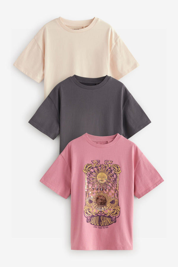 Pink/Cream/Charcoal Oversized Sequin Celestial 100% Cotton T-Shirts 3 Pack (3-16yrs)