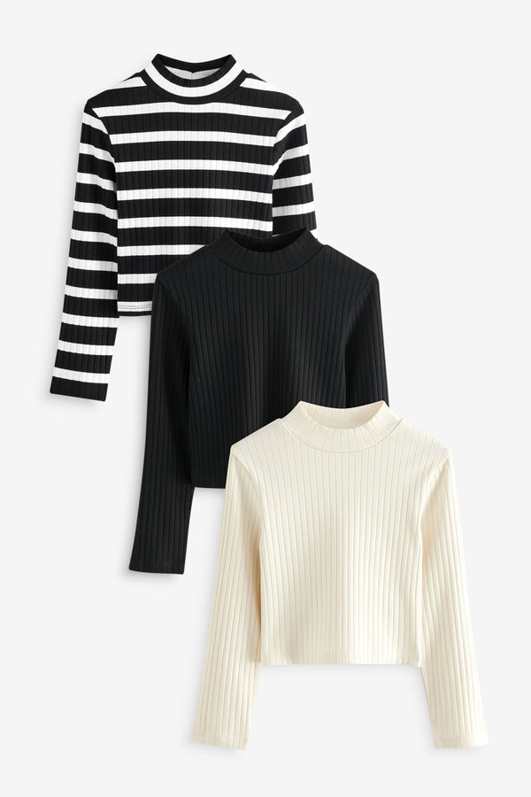 Black/White High Neck Long Sleeve Tops 3 Pack (3-16yrs)