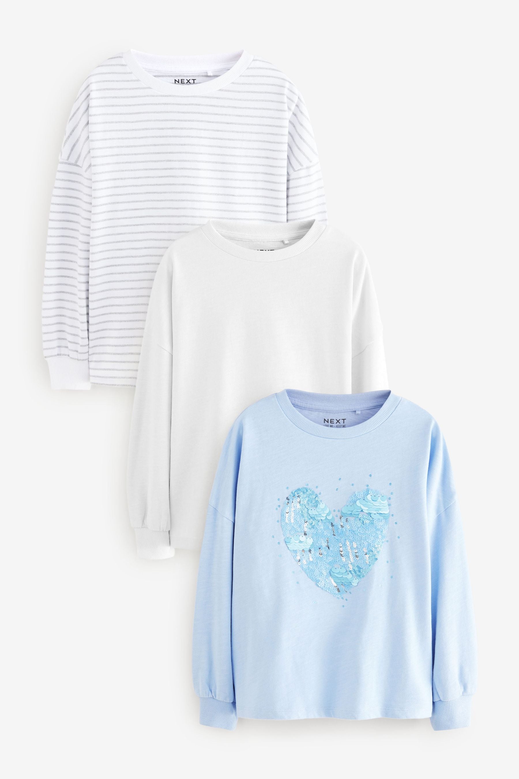 Blue/White Sequin Heart Boxy Sweatshirts 3 Pack (3-16yrs)