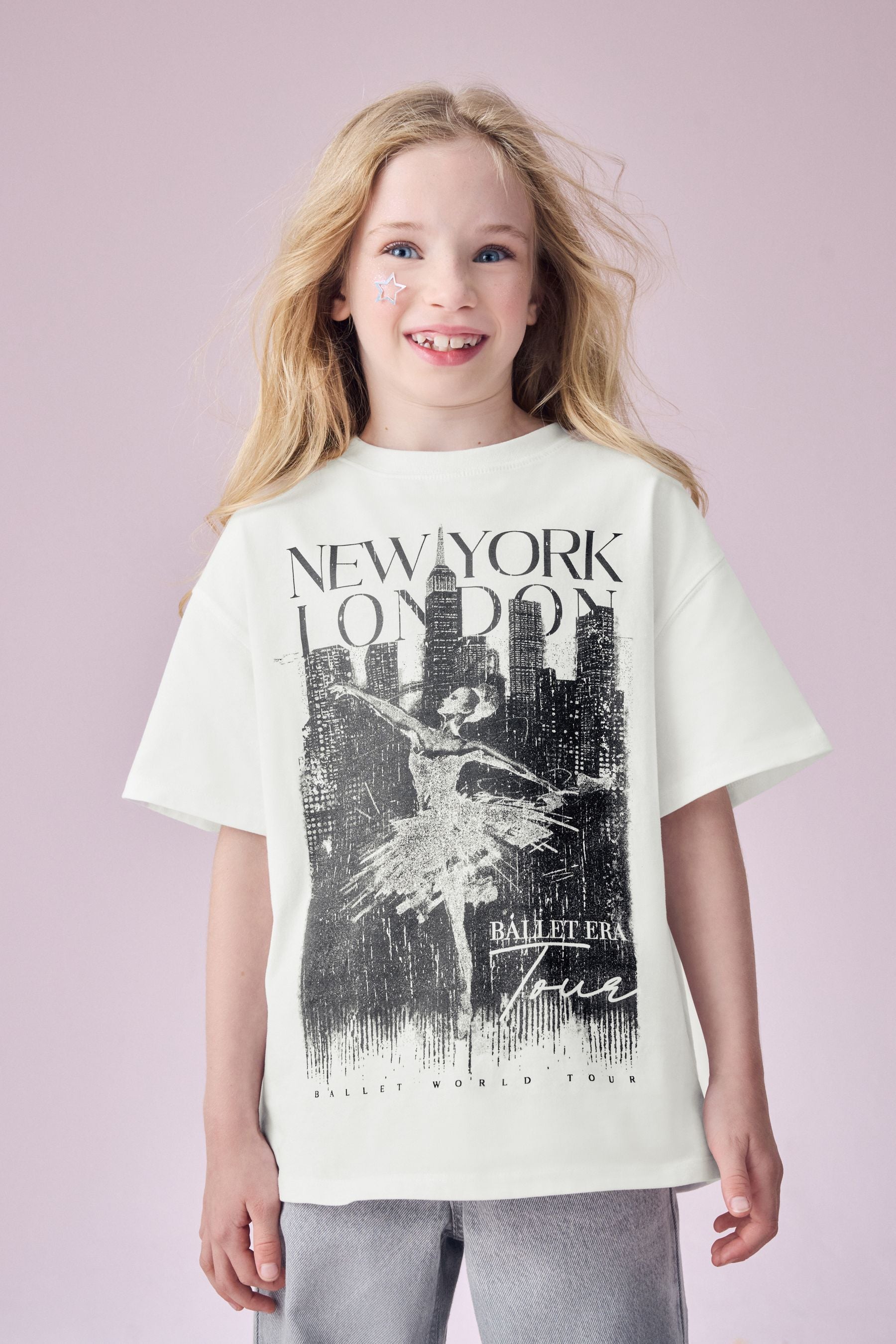 White Oversized Ballet Graphic 100% Cotton T-Shirt (3-16yrs)