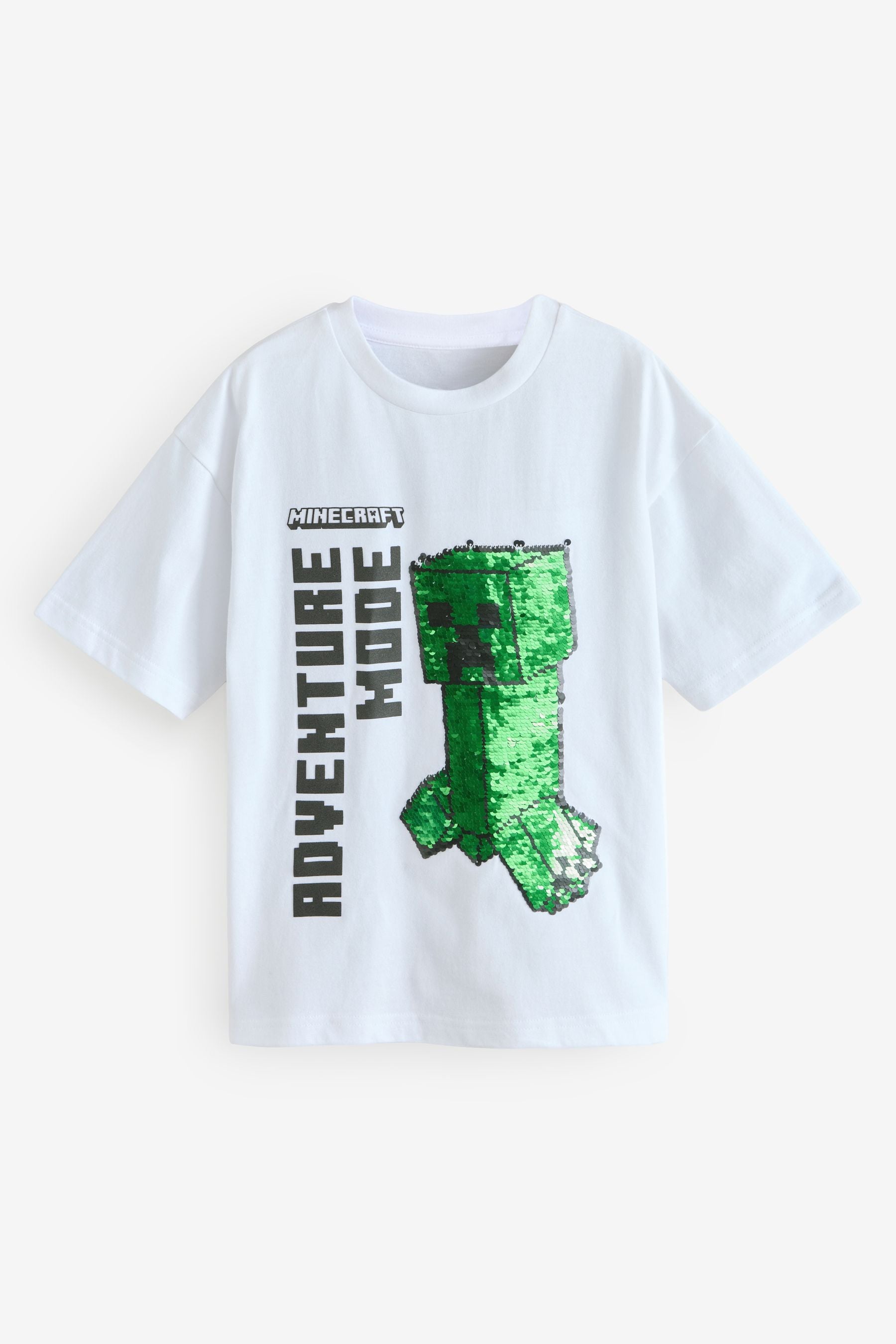 White/Green 100% Cotton Minecraft Flippy Sequin T-Shirt (3-16yrs)