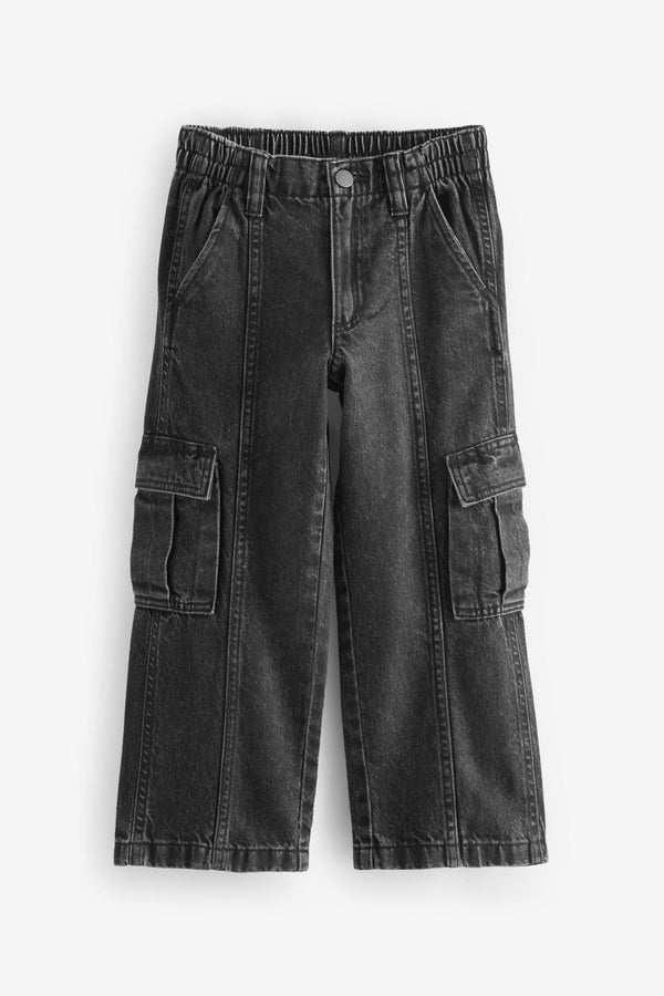 Charcoal Grey Wide Leg 100% Cotton Cargo Trousers (3-16yrs)