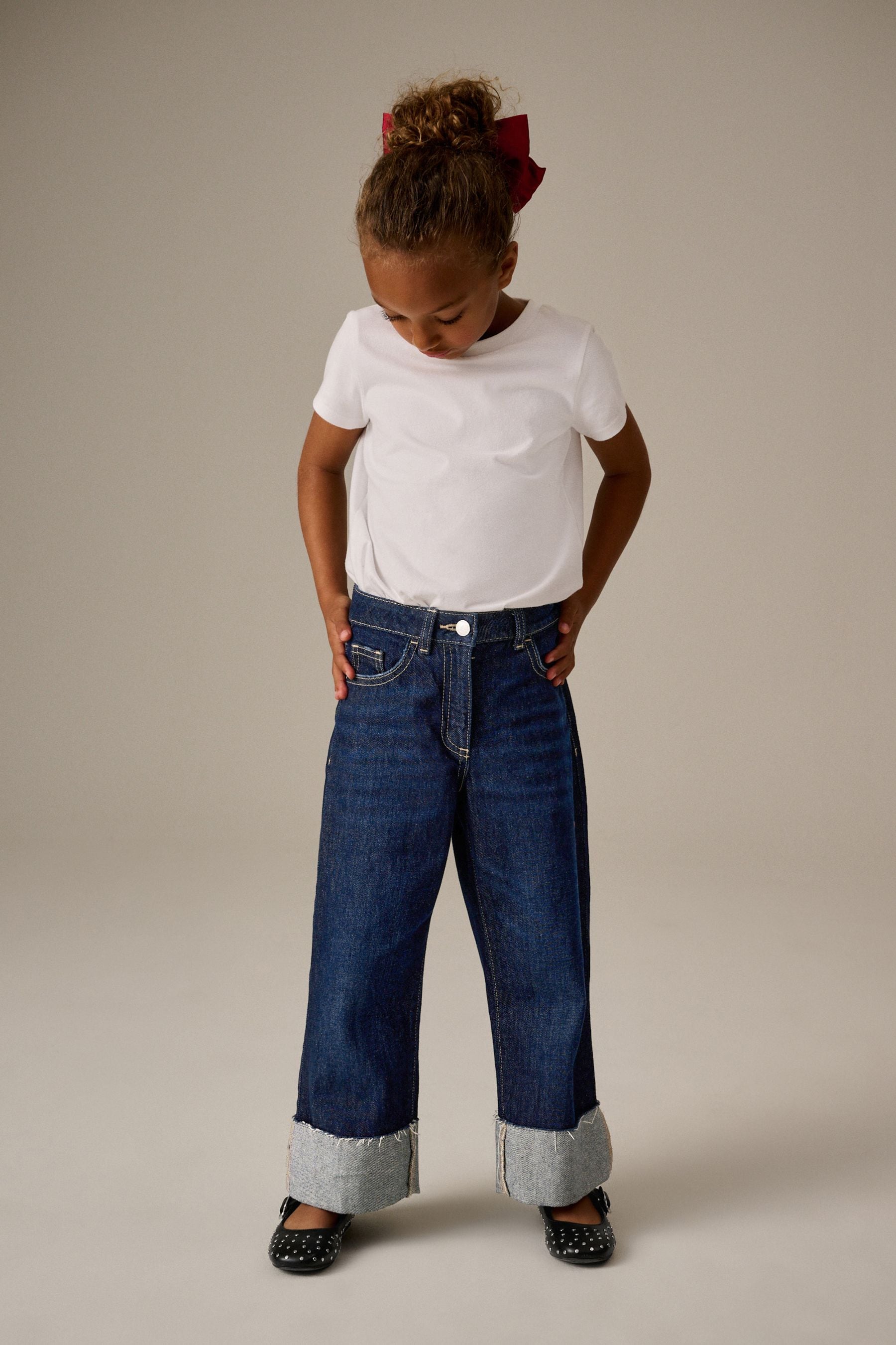 Blue Turn Up Wide Leg 100% Cotton Jeans (3-16yrs)