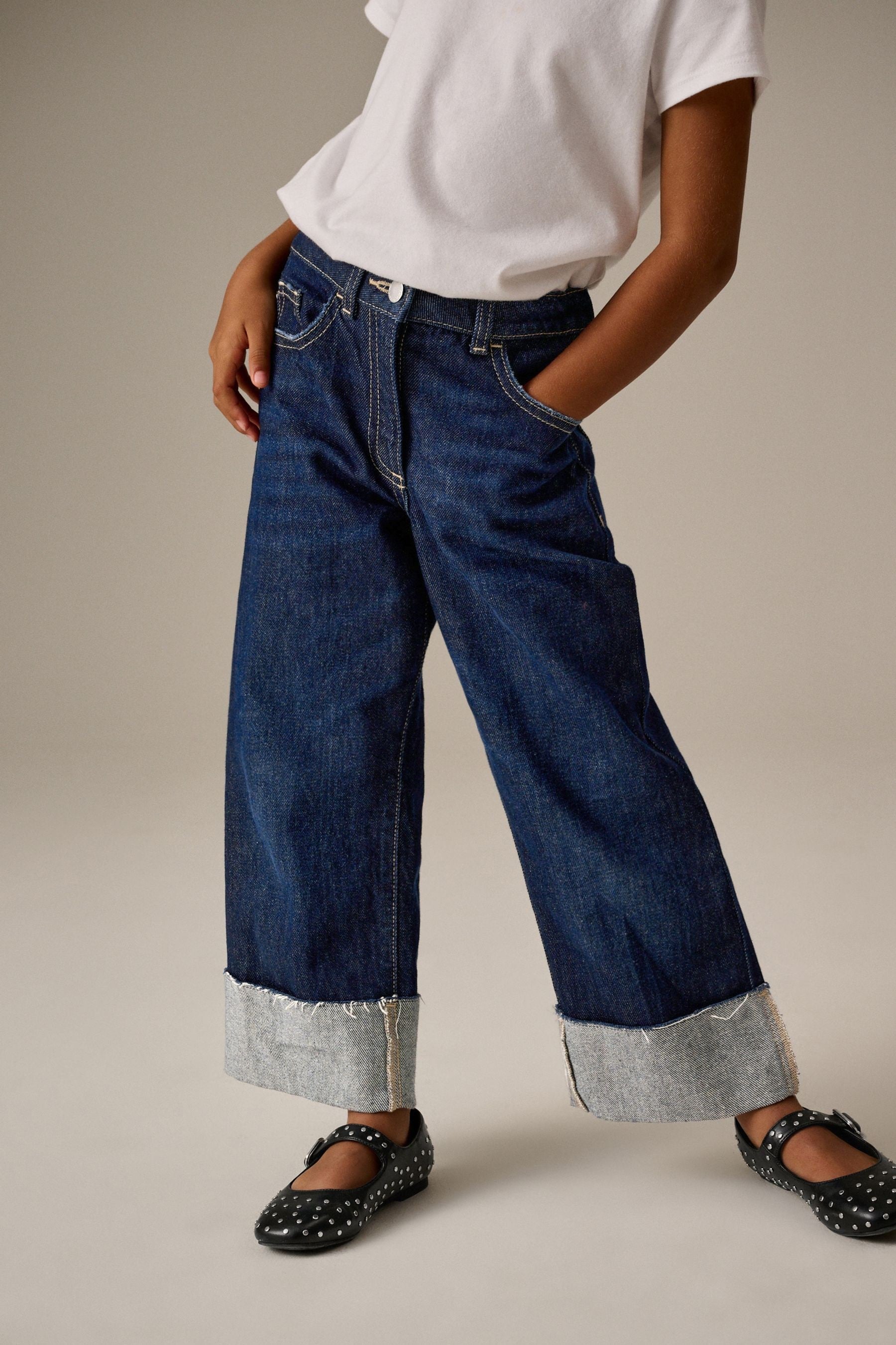 Blue Turn Up Wide Leg 100% Cotton Jeans (3-16yrs)