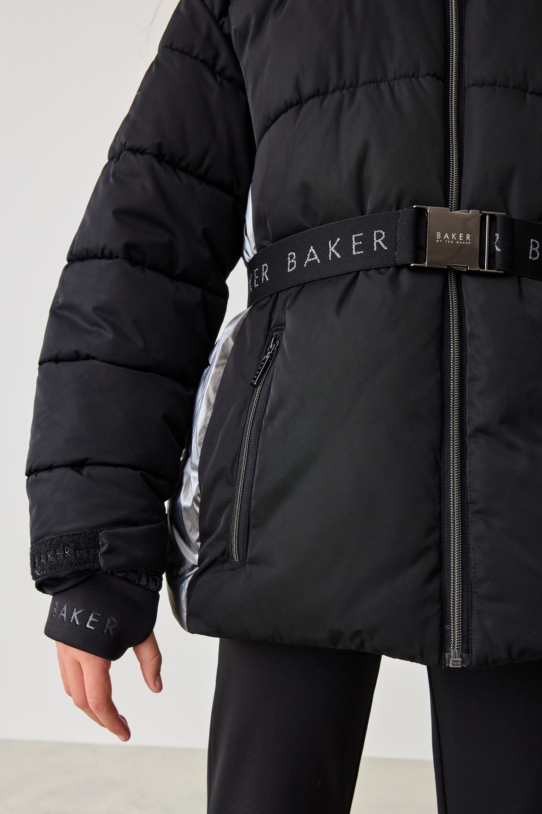 Baker by Ted Baker Shower Resistant Belted Panel Padded Black Coat