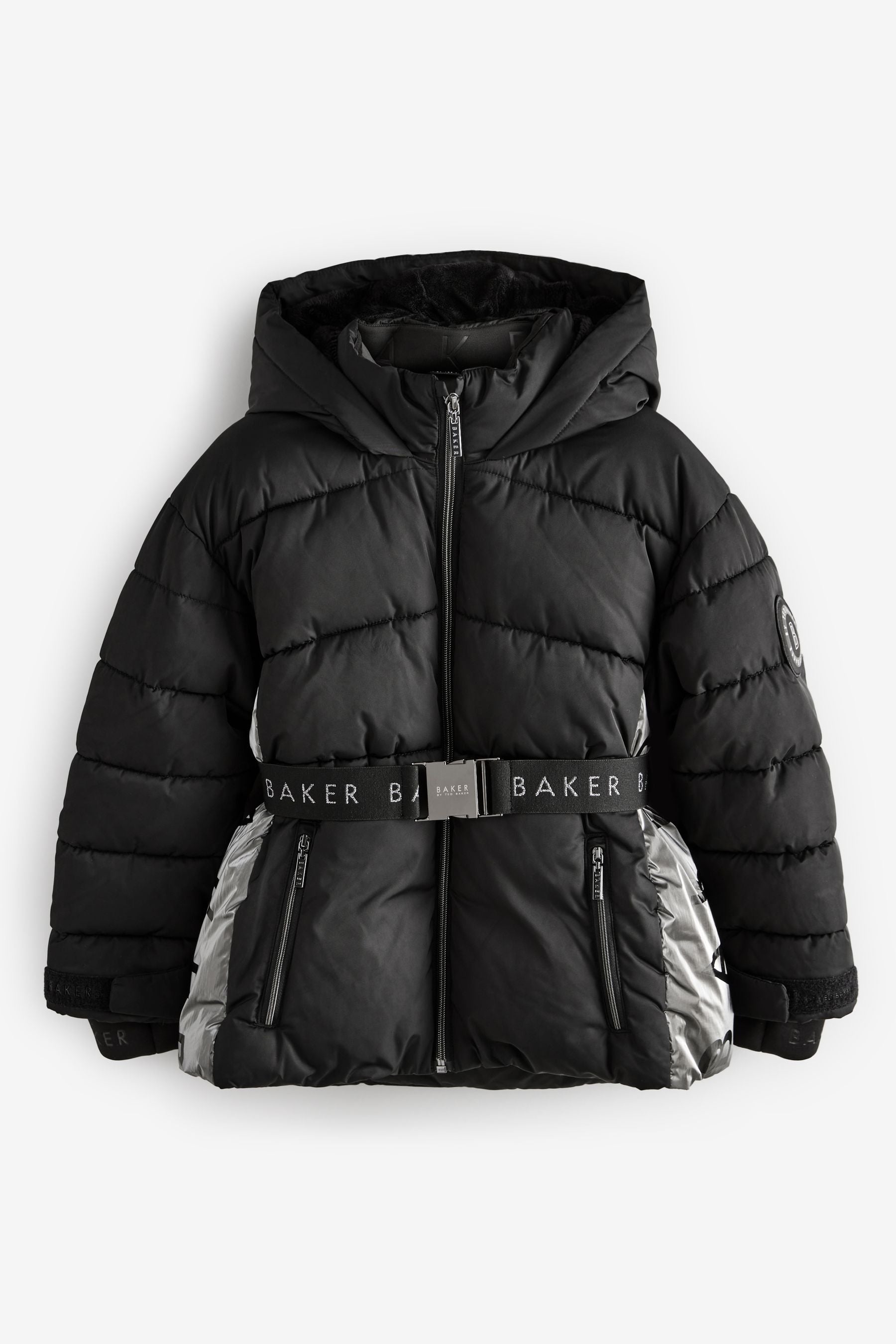 Baker by Ted Baker Shower Resistant Belted Panel Padded Black Coat