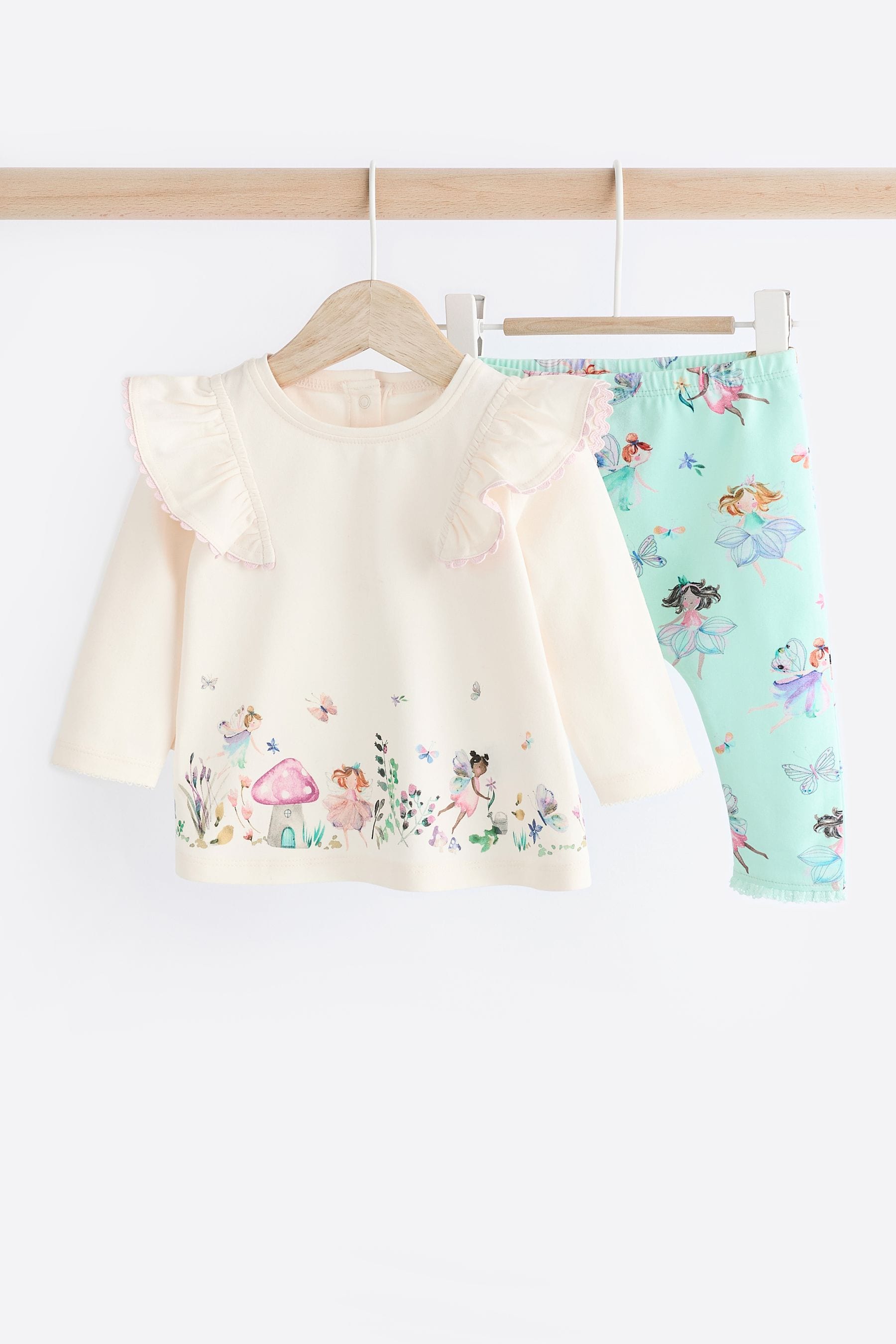 White/Green Baby Long Sleeve Top And Leggings Set