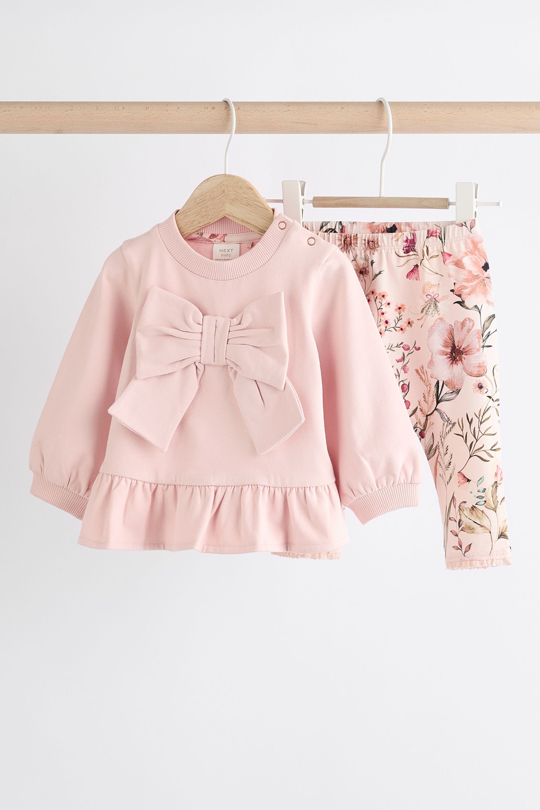 Pink Floral/ Bow Baby Sweat Top And Leggings Set