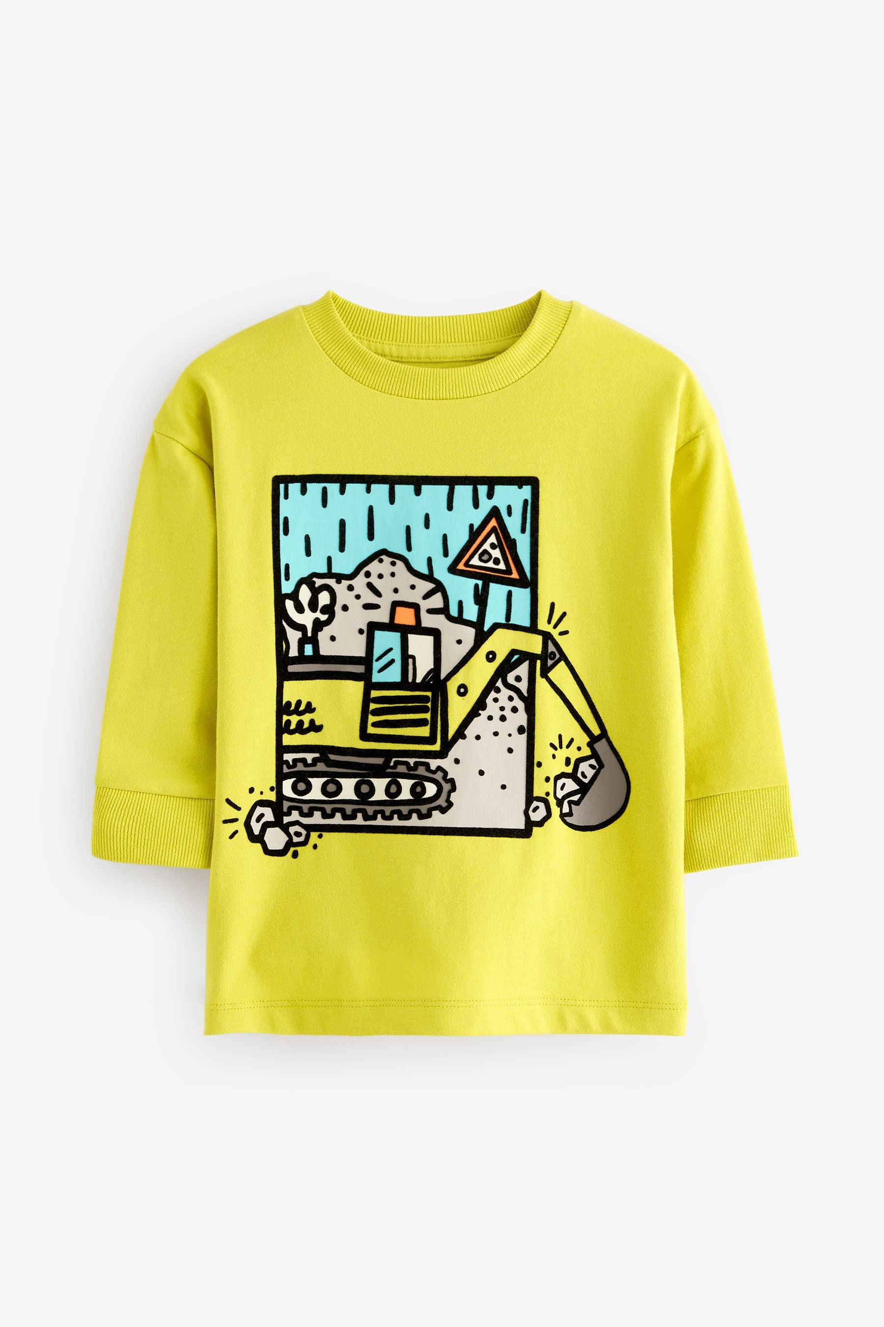 Lime Green Digger 100% Cotton Long Sleeve Transport T-Shirt (3mths-7yrs)