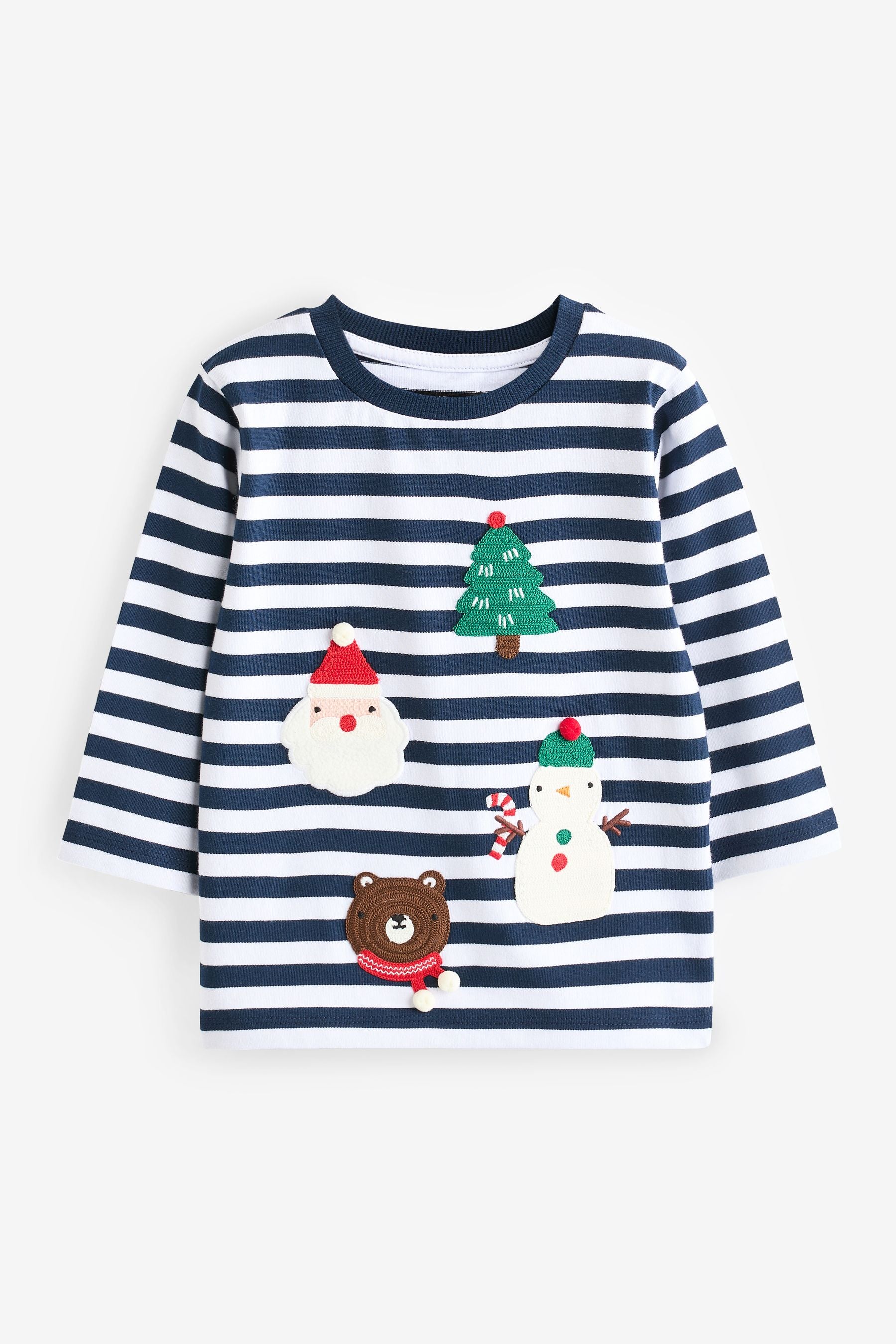 Navy Blue/White Long Sleeve Christmas 100% Cotton T-Shirt (3mths-7yrs)